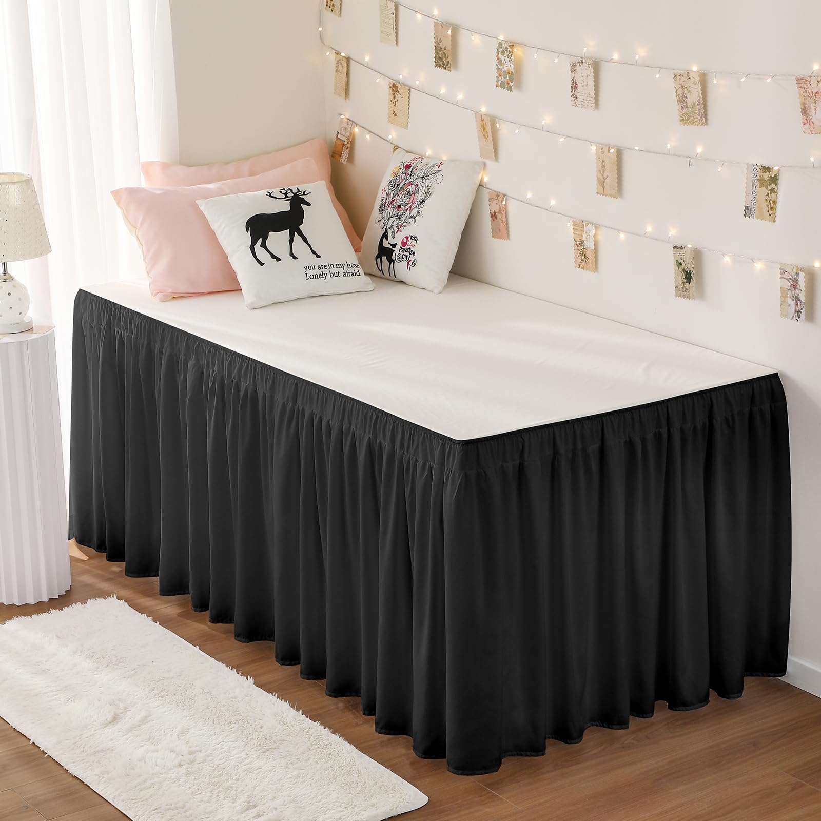 RIMELA Dorm Bed Skirt Twin XL 32 Inch Drop, Easy to Install Extra Long Wrap Around Elastic Dust Ruffle, White Bedskirt Solid Silky Fabric Machine Washable, Bedroom Decor