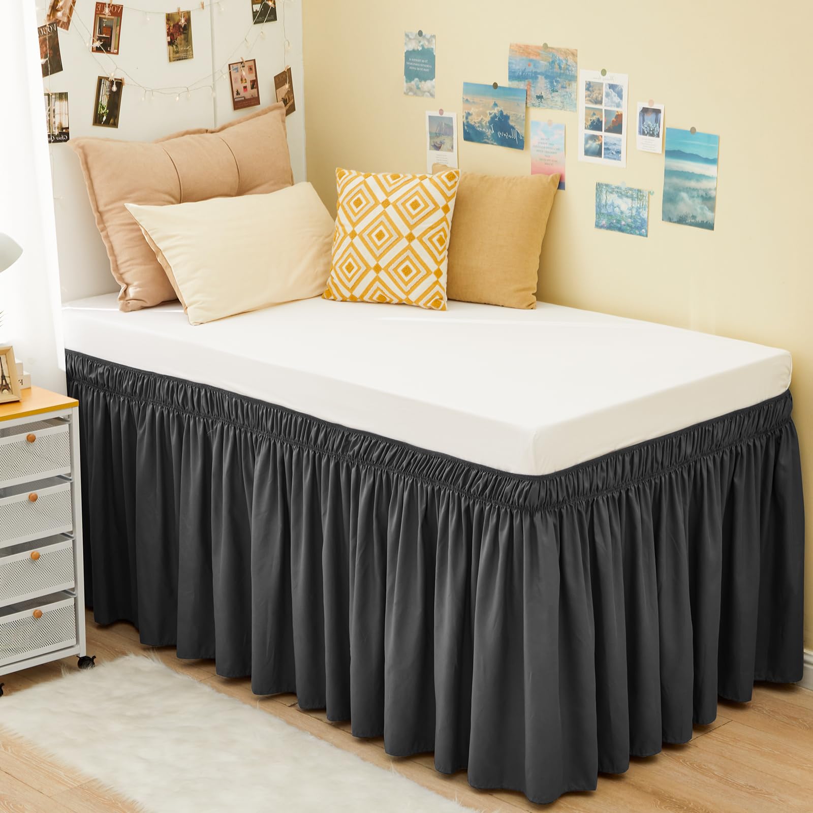 RIMELA Dorm Bed Skirt Twin XL 32 Inch Drop, Easy to Install Extra Long Wrap Around Elastic Dust Ruffle, White Bedskirt Solid Silky Fabric Machine Washable, Bedroom Decor