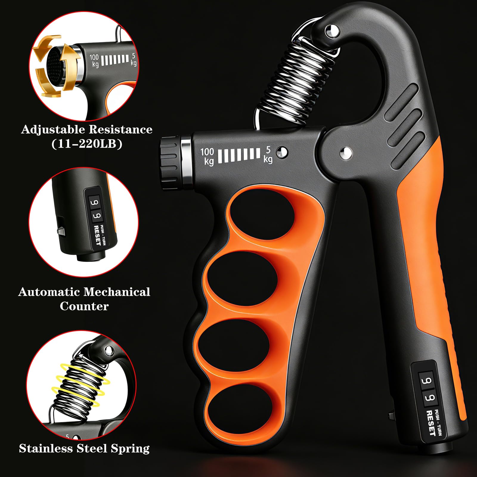 Hand Gripper Strengthener, 11-220LBs Adjustable Resistance Grip Strength Trainer with Counter, Forearm Exerciser for Injury Recovery and Muscle Building