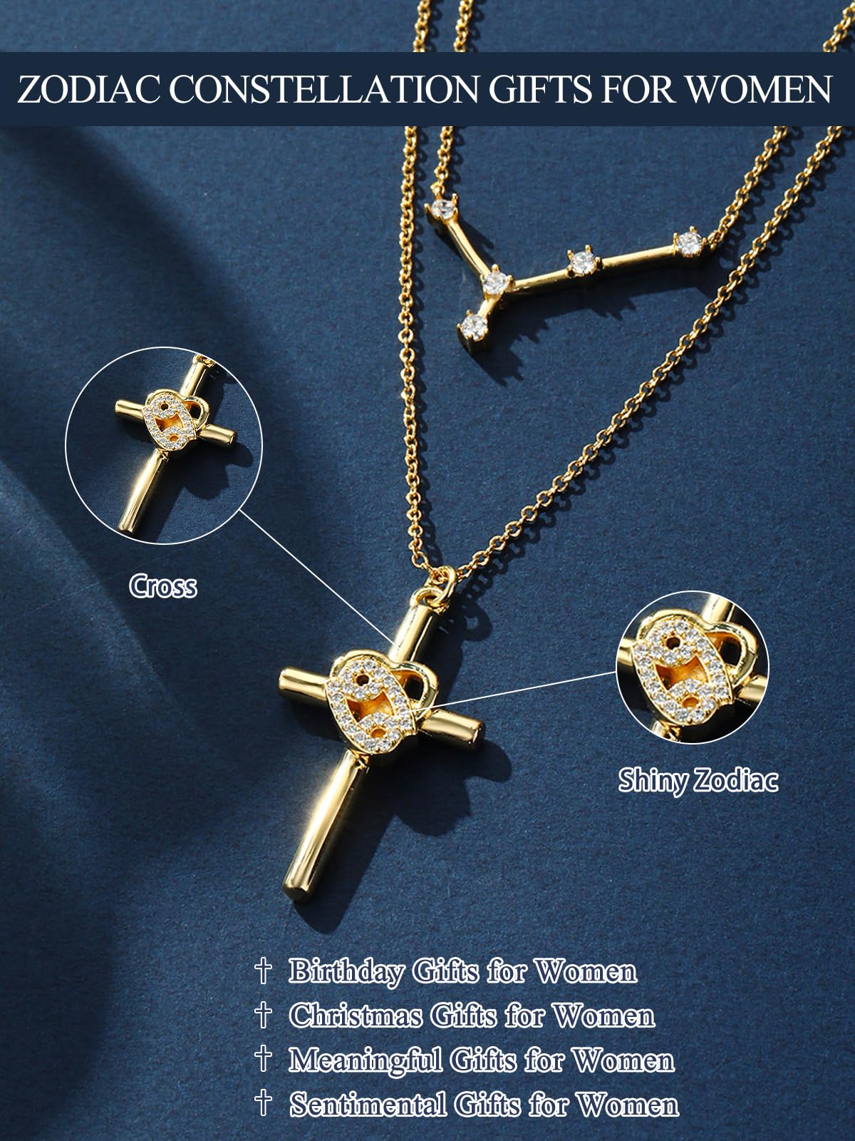 14K Gold Zodiac Cross Layered Necklace for Women - Horoscope Constellation Pendant with Cross,Luxury Anniversary Birthday Mothers Day Gifts Jewelry (12 Zodiac Signs)