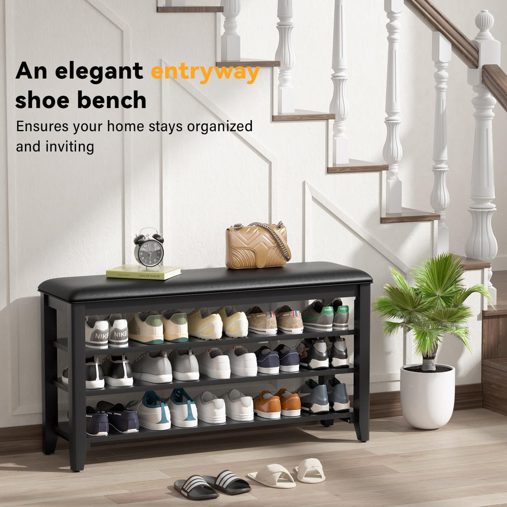Taitiy Shoe Bench Storage Rubberwood with Leather Cushion for Entryway Bench Ideal for Hallways Shoe Rack Front Doors Entrances Mudrooms Featuring 3 Height-Adjustable and Removable Shelves