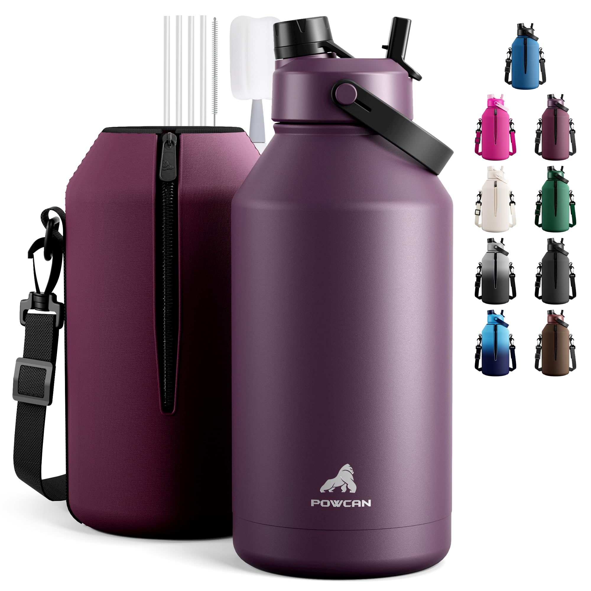 POWCAN 64 oz Insulated Water Bottle for Sports: 2-in-1 Straw & Spout Lid, Leakproof, Carrier Bag, Shoulder Strap, Keep Cold 48H, BPA-Free, Half Gallon Metal Water Jug for Gym, Travel, Gift (Midnight)