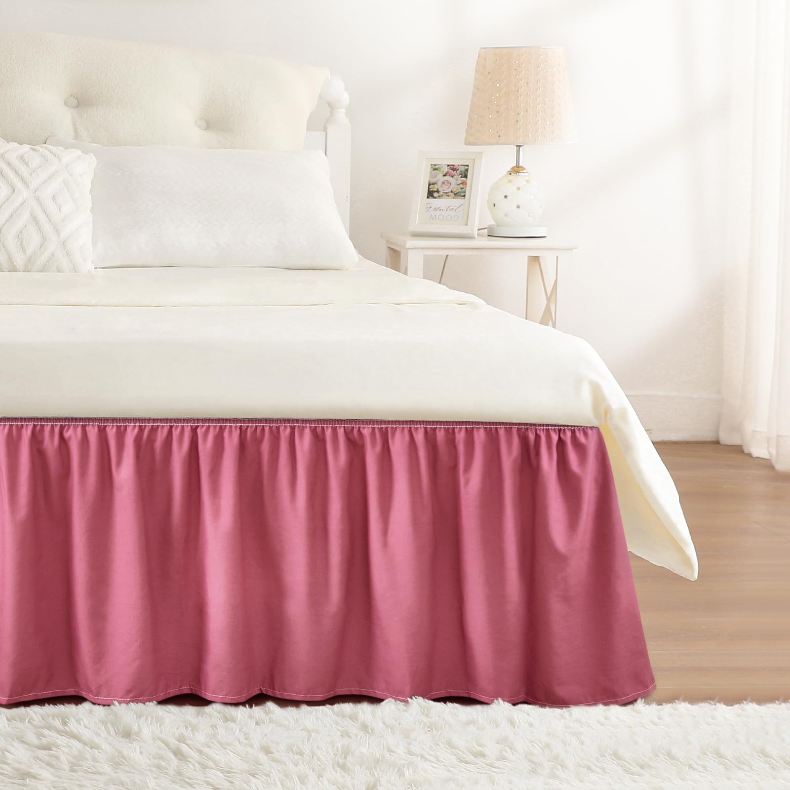 RIMELA Dorm Bed Skirt Twin XL 32 Inch Drop, Easy to Install Extra Long Wrap Around Elastic Dust Ruffle, White Bedskirt Solid Silky Fabric Machine Washable, Bedroom Decor