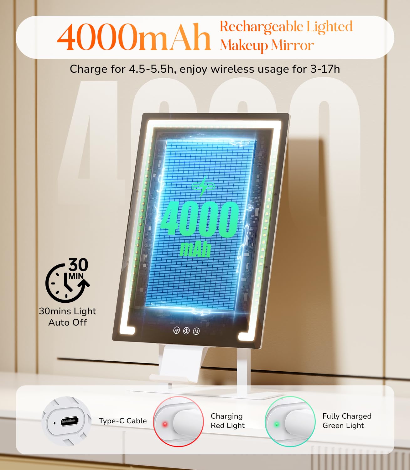 Gospire Lighted Makeup Mirror, Hollywood 4000mAh Rechargeable Vanity Mirror with 5X/10X Magnification, 3-Color Dimmable Lighting, Touch Control, Phone Holder, 11”x16.8” LED Tabletop Mirror for Bedroom