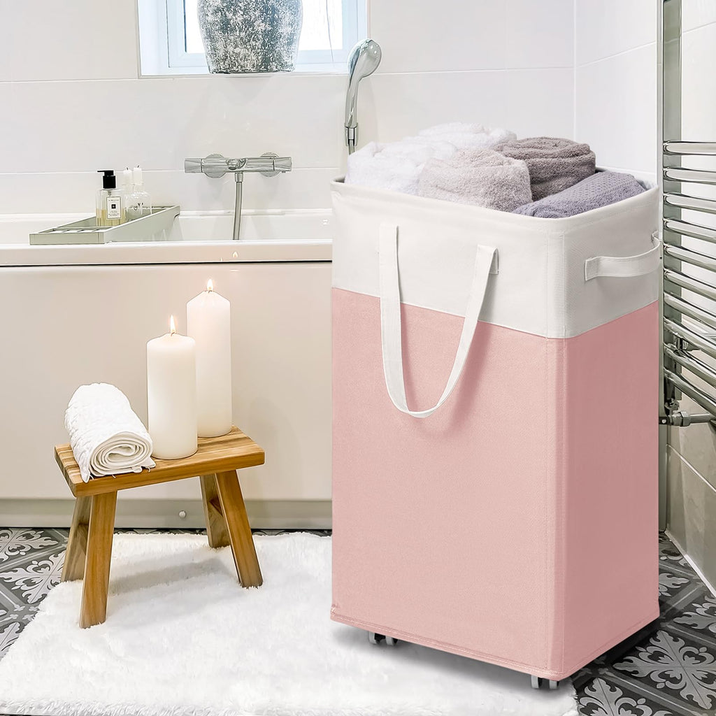 Goodpick Pink Laundry Basket with Wheels, Dorm Room Essentials for Girls, 75L Collapsible Laundry Basket, Laundry Hamper with Handle for College Dorm
