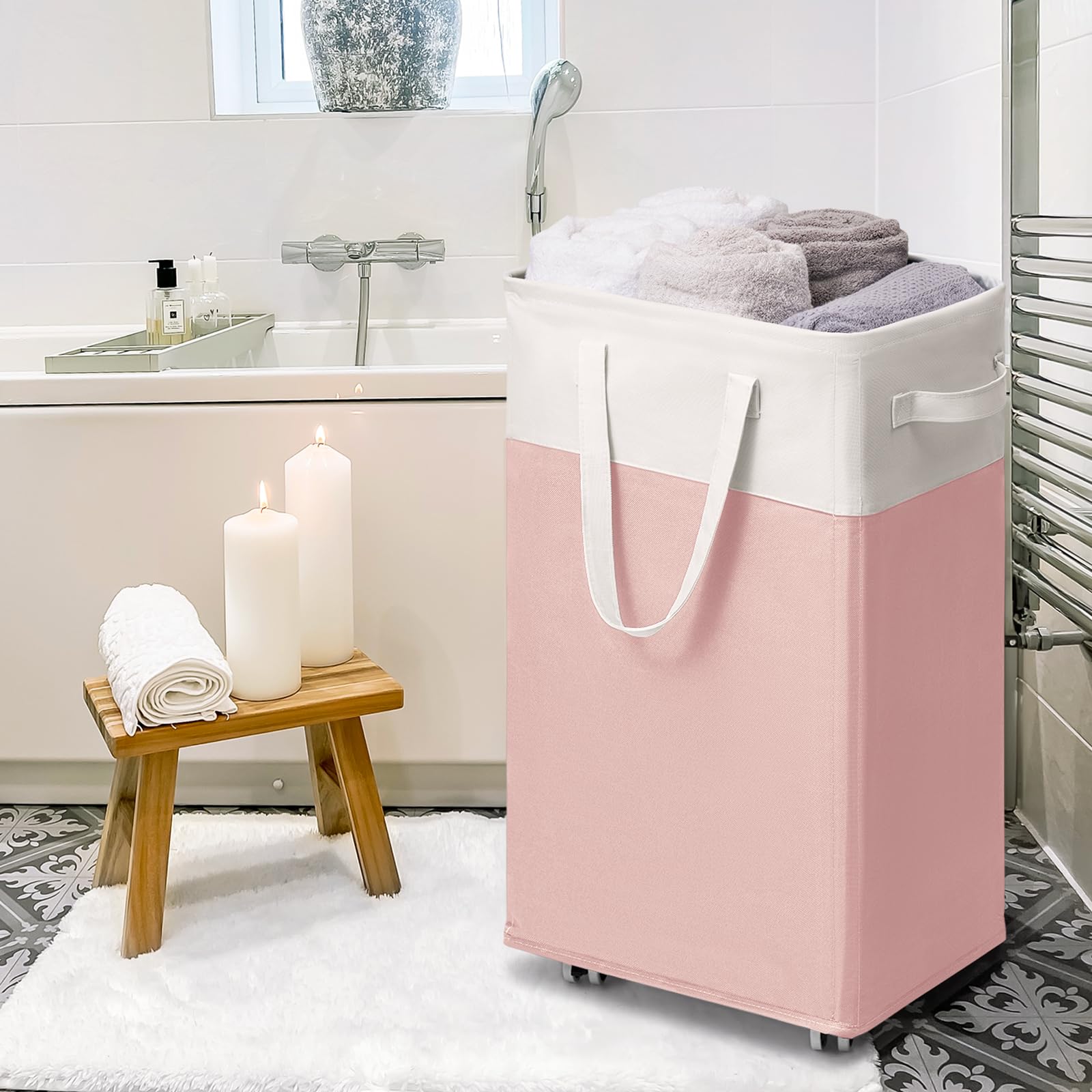 Goodpick Pink Laundry Basket with Wheels, Dorm Room Essentials for Girls, 75L Collapsible Laundry Basket, Laundry Hamper with Handle for College Dorm