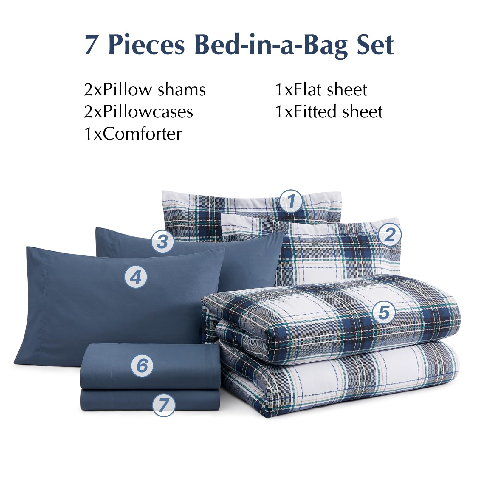 MaiRêve Plaid Twin XL Comforter Set Navy Blue 5 Pieces Dorm Bed in a Bag | Rustic Farmhouse Bedding Sets for Boys Teen with Sheets, Pillowcase & Sham