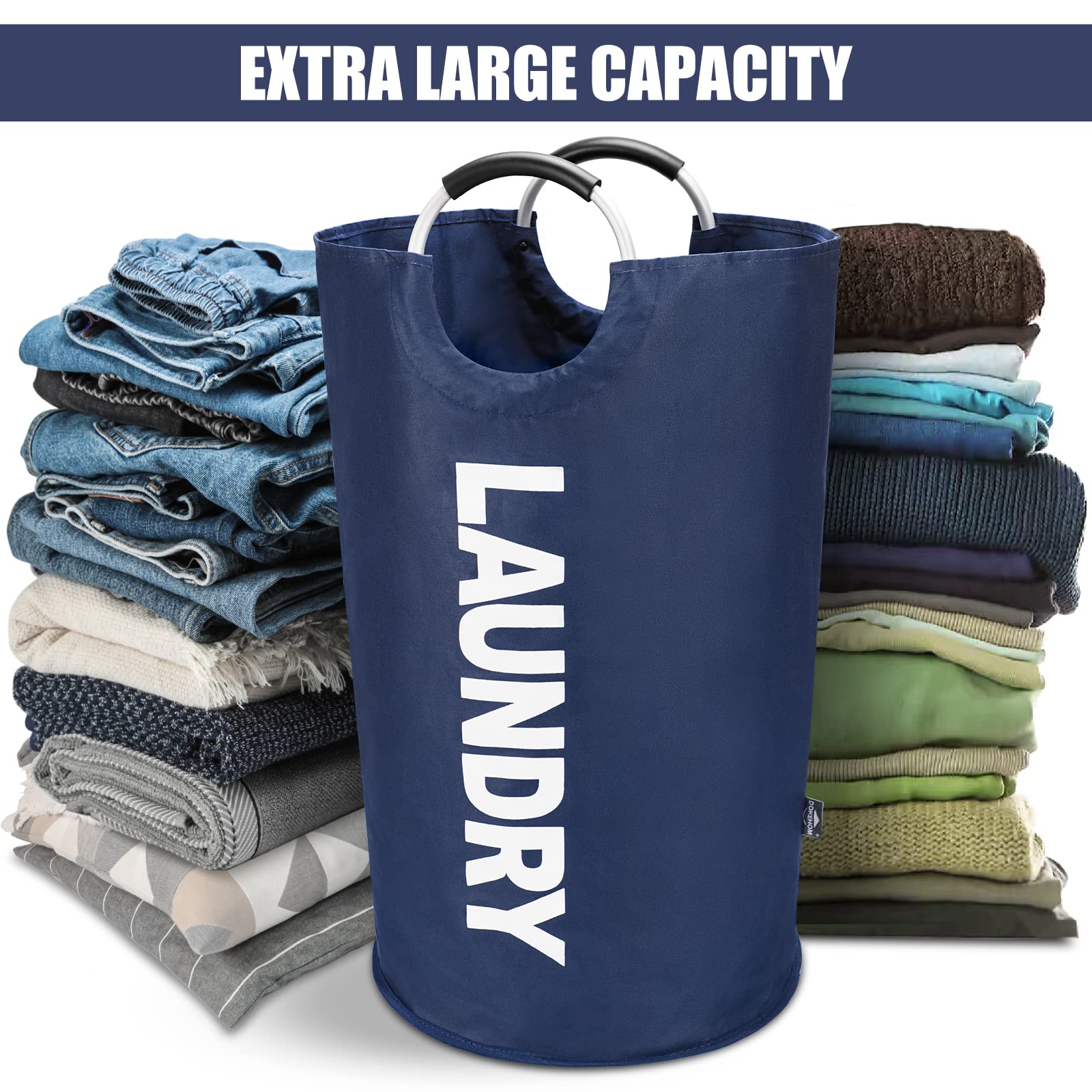DOKEHOM 90L Large Laundry Basket, Collapsible Laundry Bag, Black | Freestanding tall clothes hamper & foldable washing bin. High-capacity clothes storage basket with durable sturdy handles