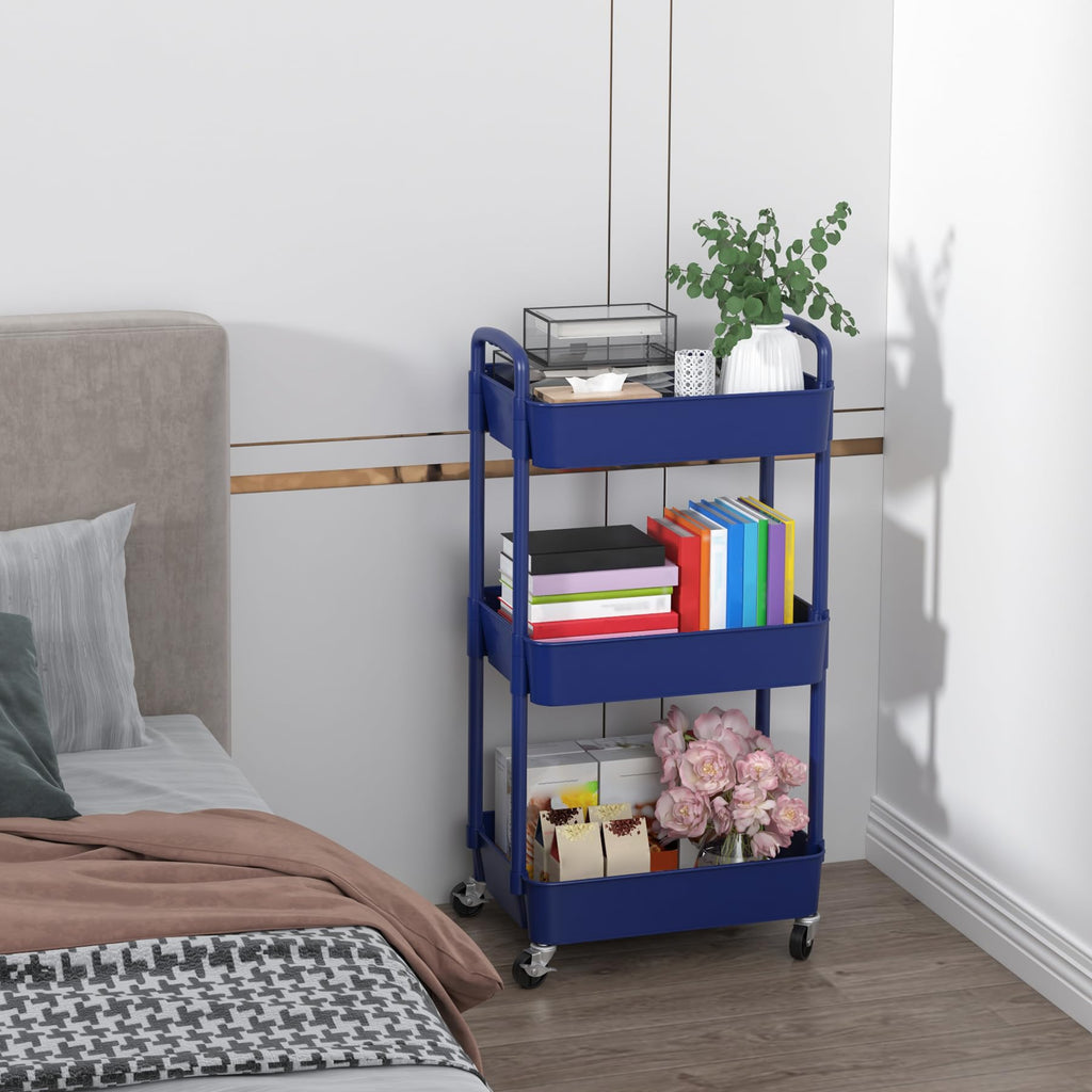 Sywhitta 3-Tier Plastic Rolling Utility Cart with Handle, Multi-Functional Storage Trolley for Office, Living Room, Kitchen, Movable Storage Organizer with Wheels, Black