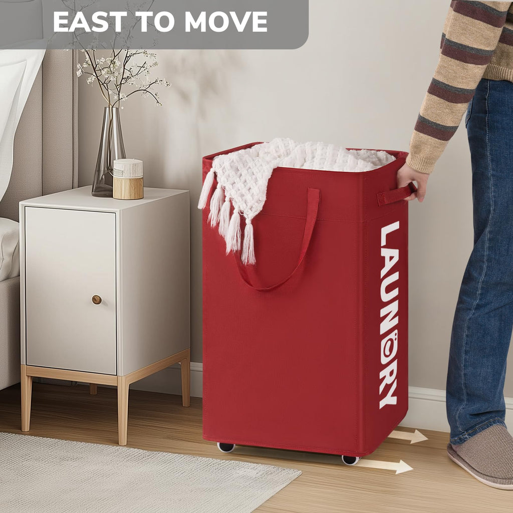 Goodpick Pink Laundry Basket with Wheels, Dorm Room Essentials for Girls, 75L Collapsible Laundry Basket, Laundry Hamper with Handle for College Dorm