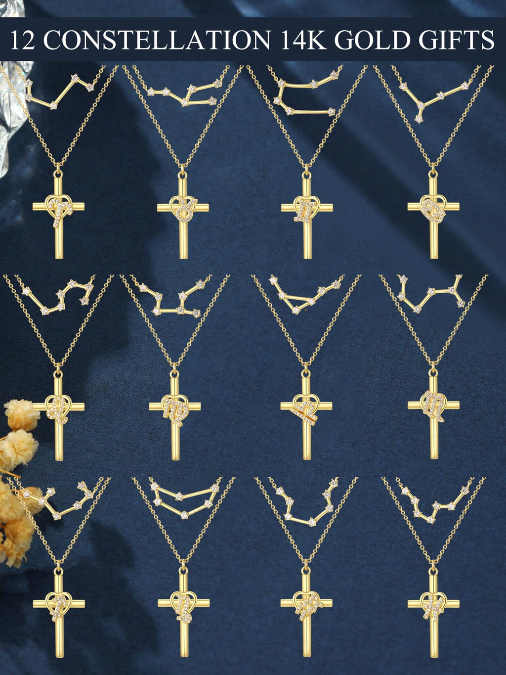 14K Gold Zodiac Cross Layered Necklace for Women - Horoscope Constellation Pendant with Cross,Luxury Anniversary Birthday Mothers Day Gifts Jewelry (12 Zodiac Signs)
