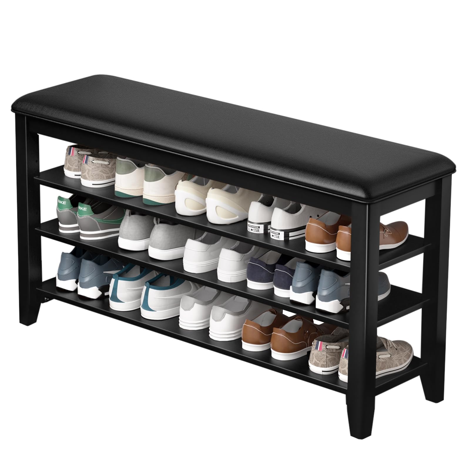 Taitiy Shoe Bench Storage Rubberwood with Leather Cushion for Entryway Bench Ideal for Hallways Shoe Rack Front Doors Entrances Mudrooms Featuring 3 Height-Adjustable and Removable Shelves