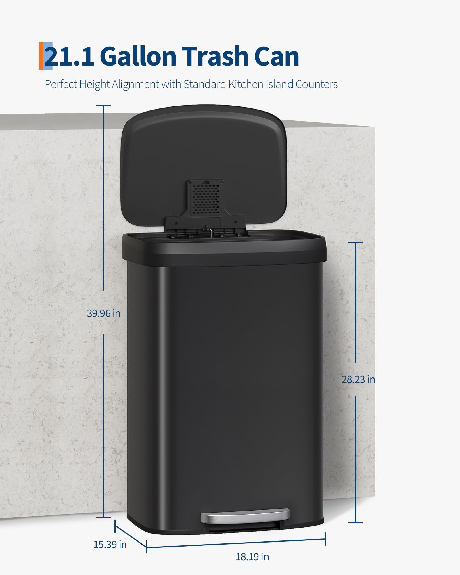 Garvee 13 gal / 50 L Stainless Steel Trash Can with Lid, Large Garbage Can for Kitchen, Rustproof Step-on Kitchen Metal Trash Bin with Liner Rim, Rear Handle, Soft Close Plastic Lid, Silver