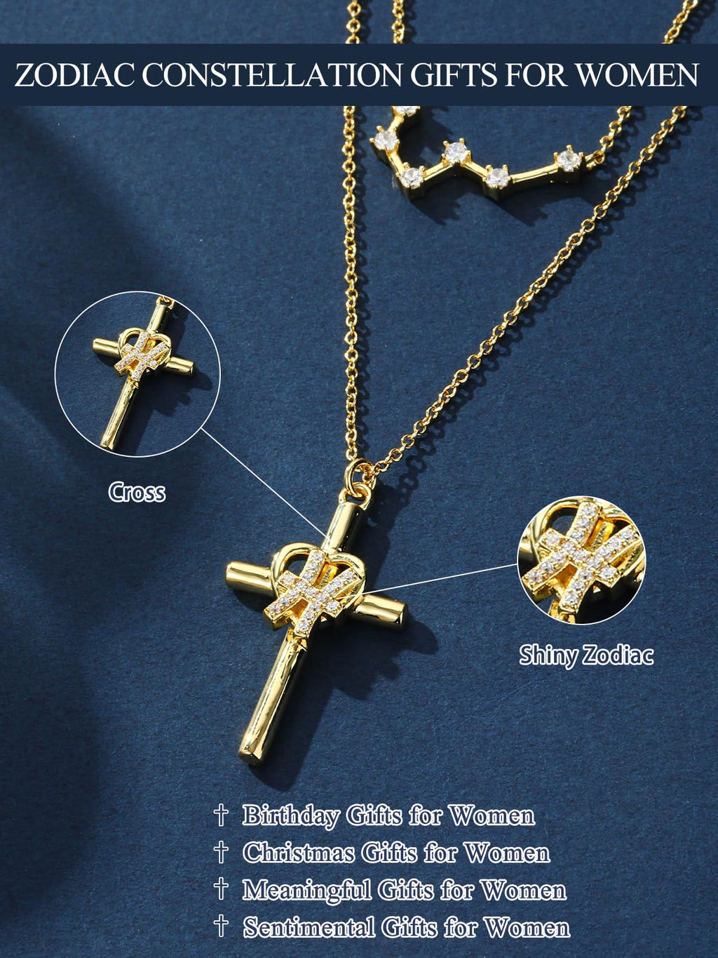 14K Gold Zodiac Cross Layered Necklace for Women - Horoscope Constellation Pendant with Cross,Luxury Anniversary Birthday Mothers Day Gifts Jewelry (12 Zodiac Signs)