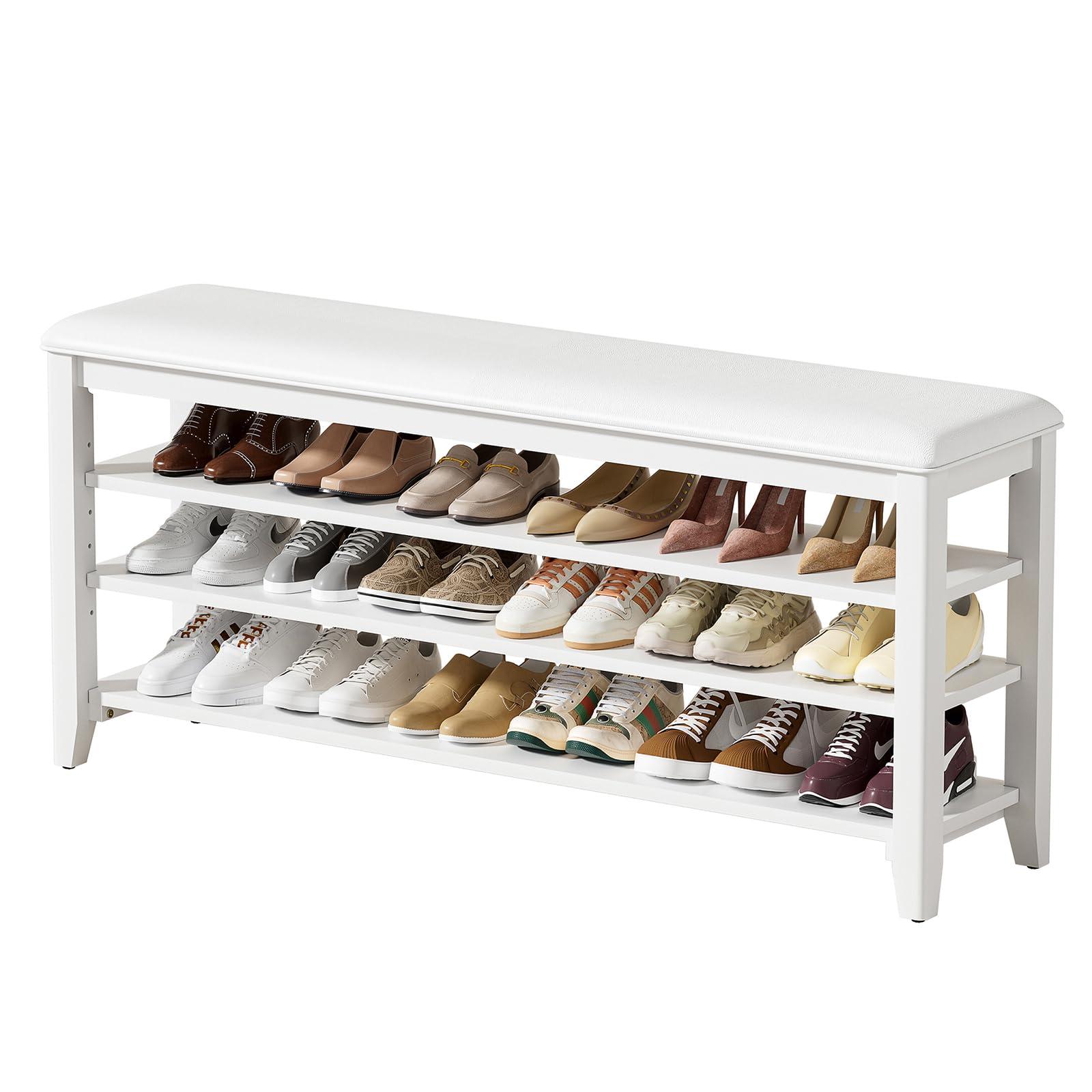 Taitiy Shoe Bench Storage Rubberwood with Leather Cushion for Entryway Bench Ideal for Hallways Shoe Rack Front Doors Entrances Mudrooms Featuring 3 Height-Adjustable and Removable Shelves