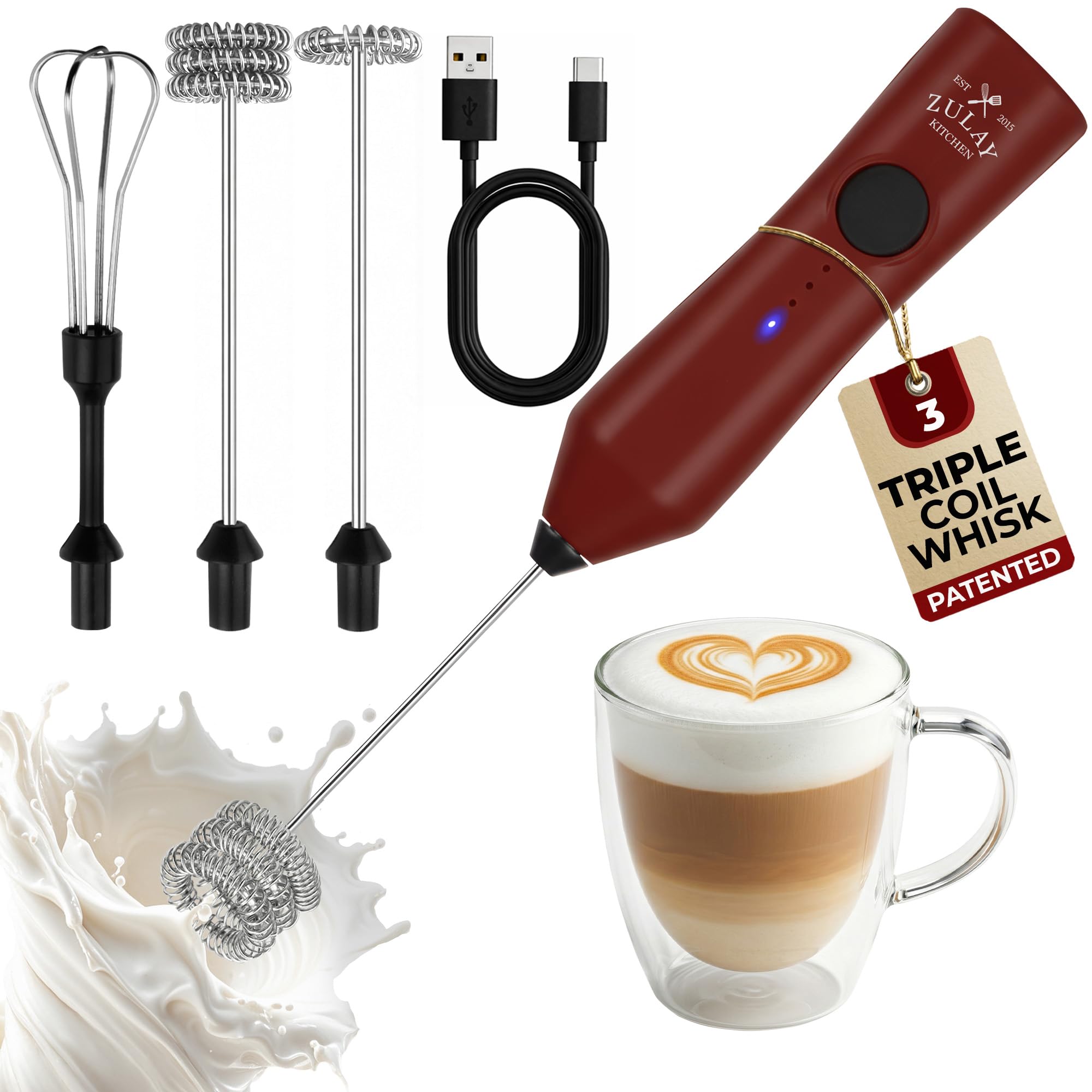Zulay Kitchen Powerful Milk Frother Wand With Duracell Batteries - Ultra Fast Handheld Drink Mixer - Electric Whisk Foam Maker for Coffee, Lattes, Cappuccino & Matcha - Z1 Motor - Black