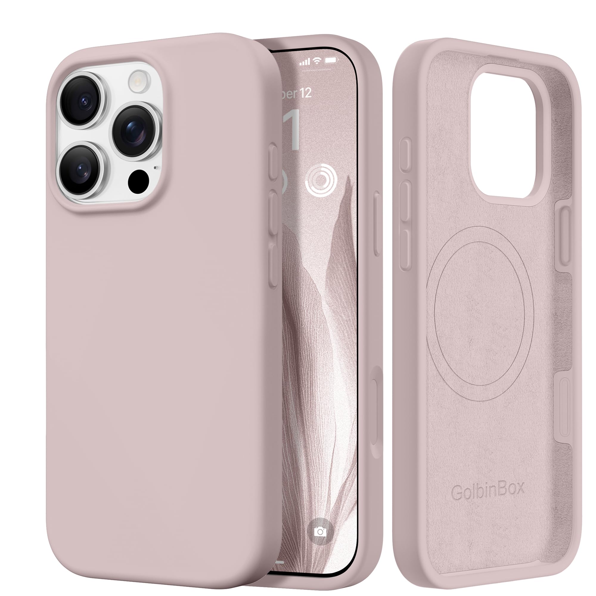 GolbinBox Magnetic for iPhone 17 Pro Max Case, Compatible with MagSafe, [Full Camera Protection] [Screen Protector], Silicone Shockproof Phone Cover with Anti-Scratch Microfiber Lining, Chalk Pink