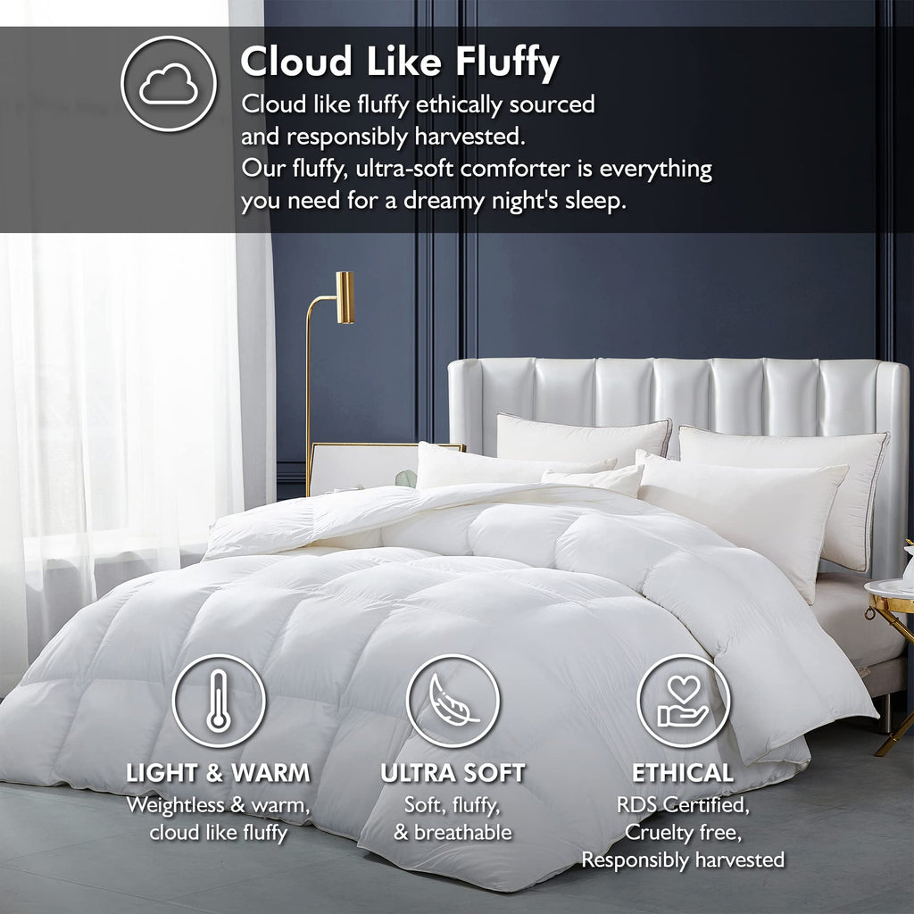 Luxurious All-Season Goose Down Feather Fiber Comforter California King Size Duvet Insert, Exquisite Pinch Pleat Design, Premium Baffle Box, 100% Egyptian Cotton Cover, 80 oz. Fill Weight, Black