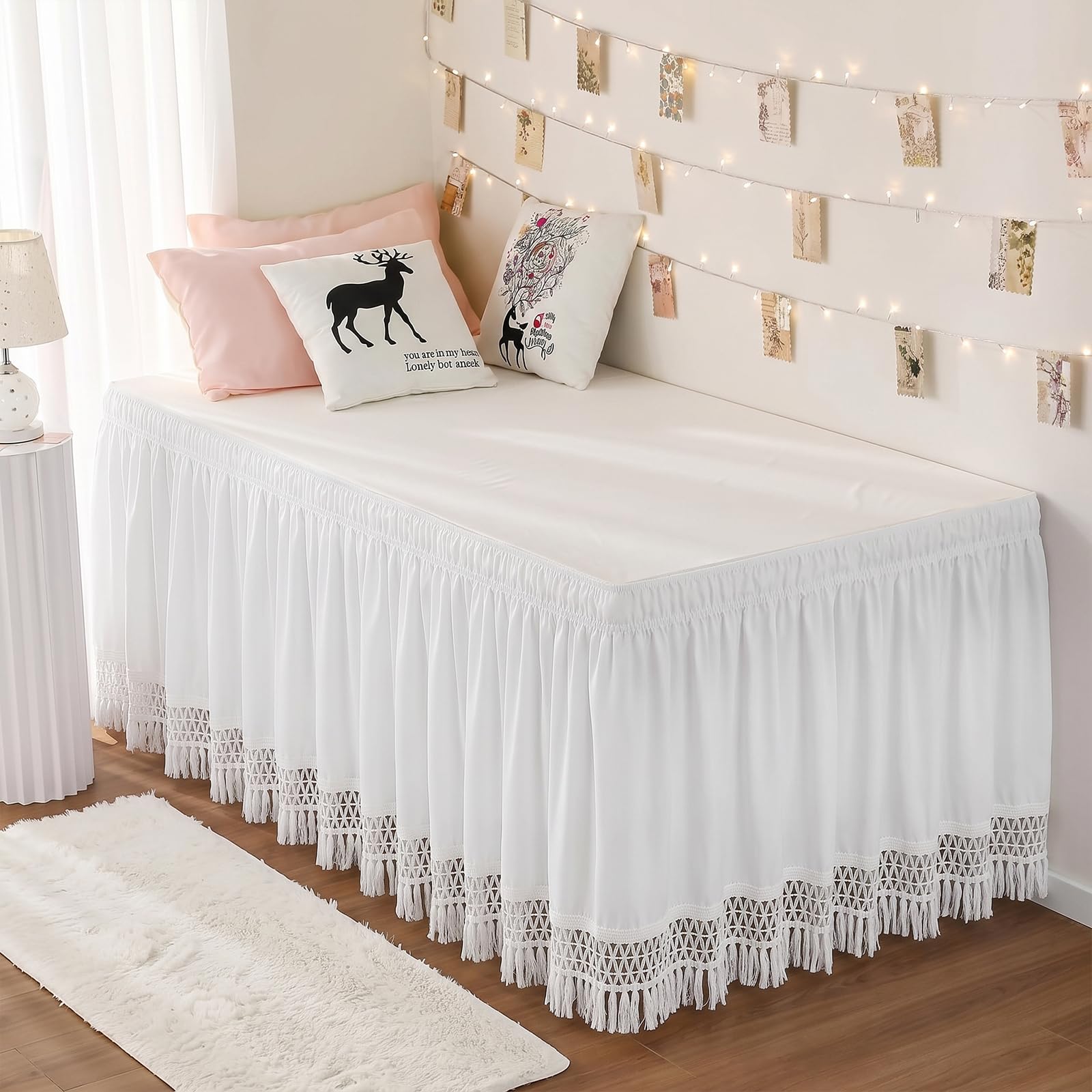 RIMELA Dorm Bed Skirt Twin XL 32 Inch Drop, Easy to Install Extra Long Wrap Around Elastic Dust Ruffle, White Bedskirt Solid Silky Fabric Machine Washable, Bedroom Decor