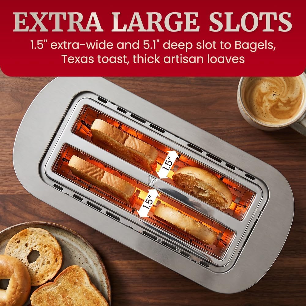 Elite Gourmet ECT5500 4-Slice Long Slot Toaster, Fully Automatic Motorized, Stainless Steel Digital Touchscreen, Extra-Wide Slots, 6 Browning Levels, Bagel, Defrost & Reheat