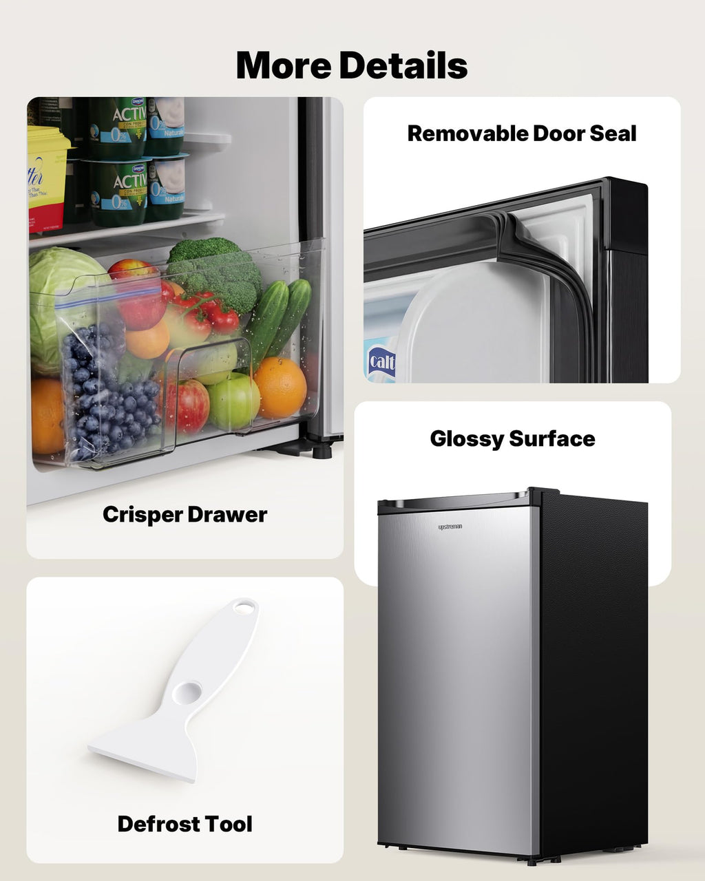 Upstreman 3.2 Cu.Ft Mini Fridge with Freezer, Quiet Efficient Small Fridge, Compact Refrigerator with Adjustable Thermostat, for Dorm, Bedroom, Office, Black-BR321