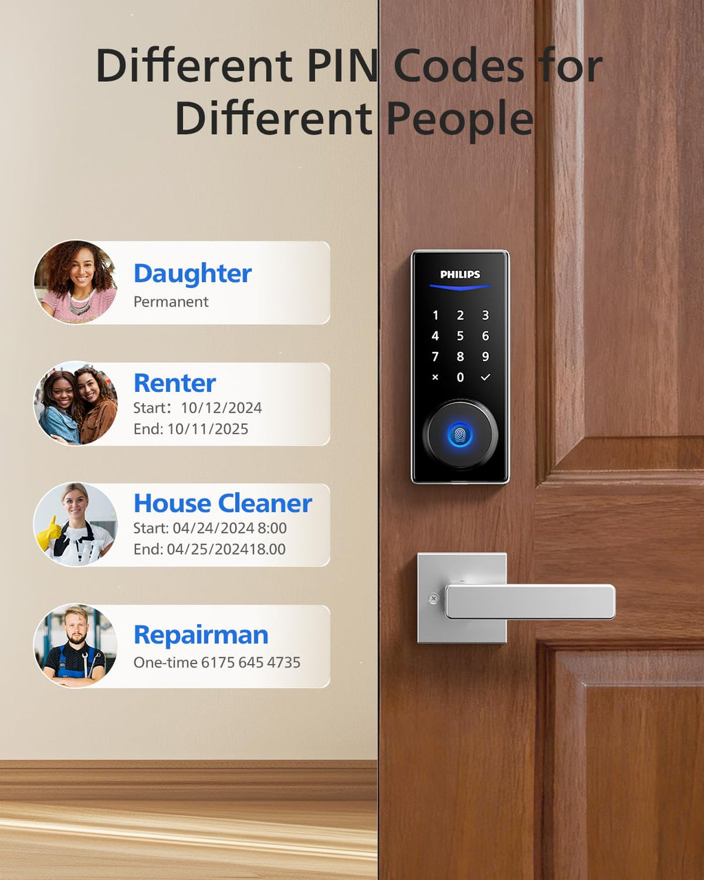 Philips Smart Lock with Handles, Keyless Entry Door Lock Set, Keypad Door Lock with 2 Level Handles, Digital Keypad Deadbolt for Front Door, App Fingerprint PIN Code Unlocking, Auto Locking