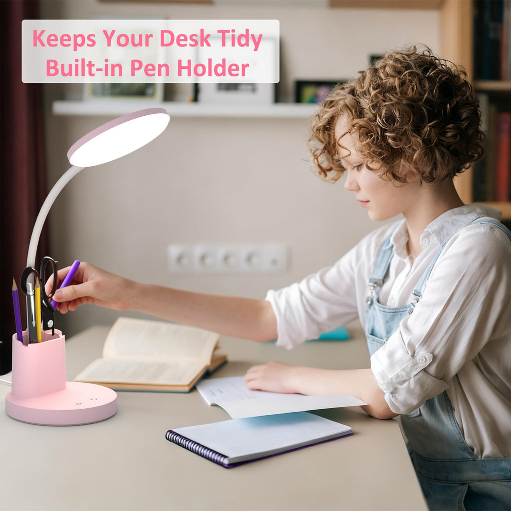 LED Desk Lamp with Wireless Charger for Home Office, Black | 3 Color Modes Dimmable Eye-Caring Study Desk Light for College Dorm Room, 360° Flexible Arm, Built-in Pen Holder, 800 Lumen