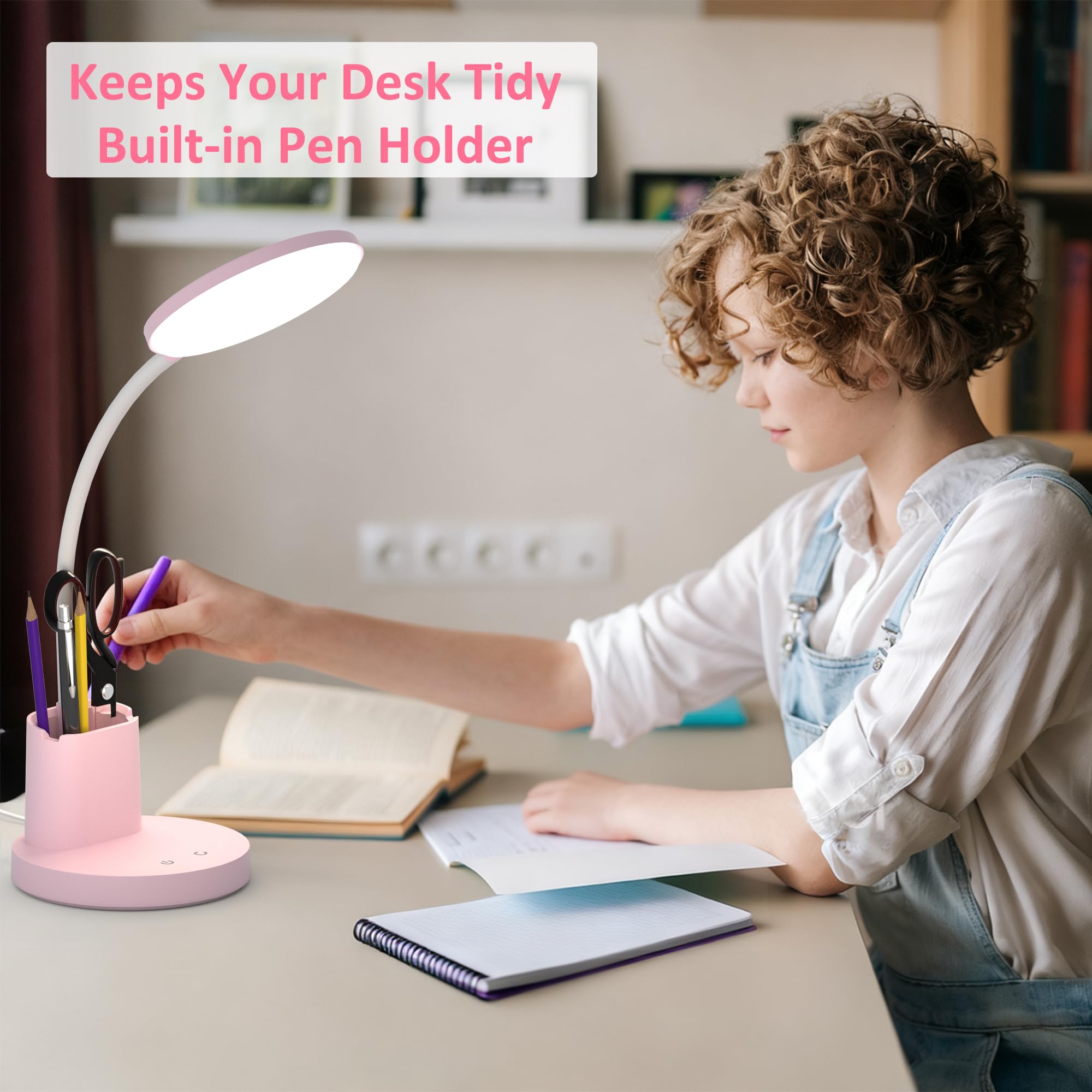 LED Desk Lamp with Wireless Charger for Home Office, Black | 3 Color Modes Dimmable Eye-Caring Study Desk Light for College Dorm Room, 360° Flexible Arm, Built-in Pen Holder, 800 Lumen
