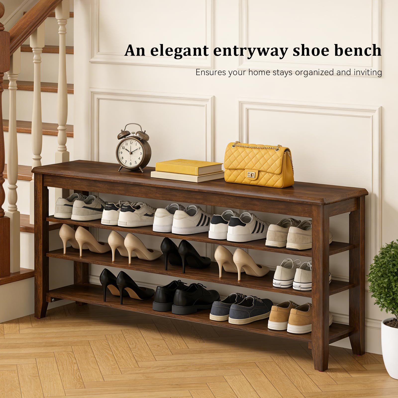 Taitiy Shoe Bench Storage Rubberwood with Leather Cushion for Entryway Bench Ideal for Hallways Shoe Rack Front Doors Entrances Mudrooms Featuring 3 Height-Adjustable and Removable Shelves