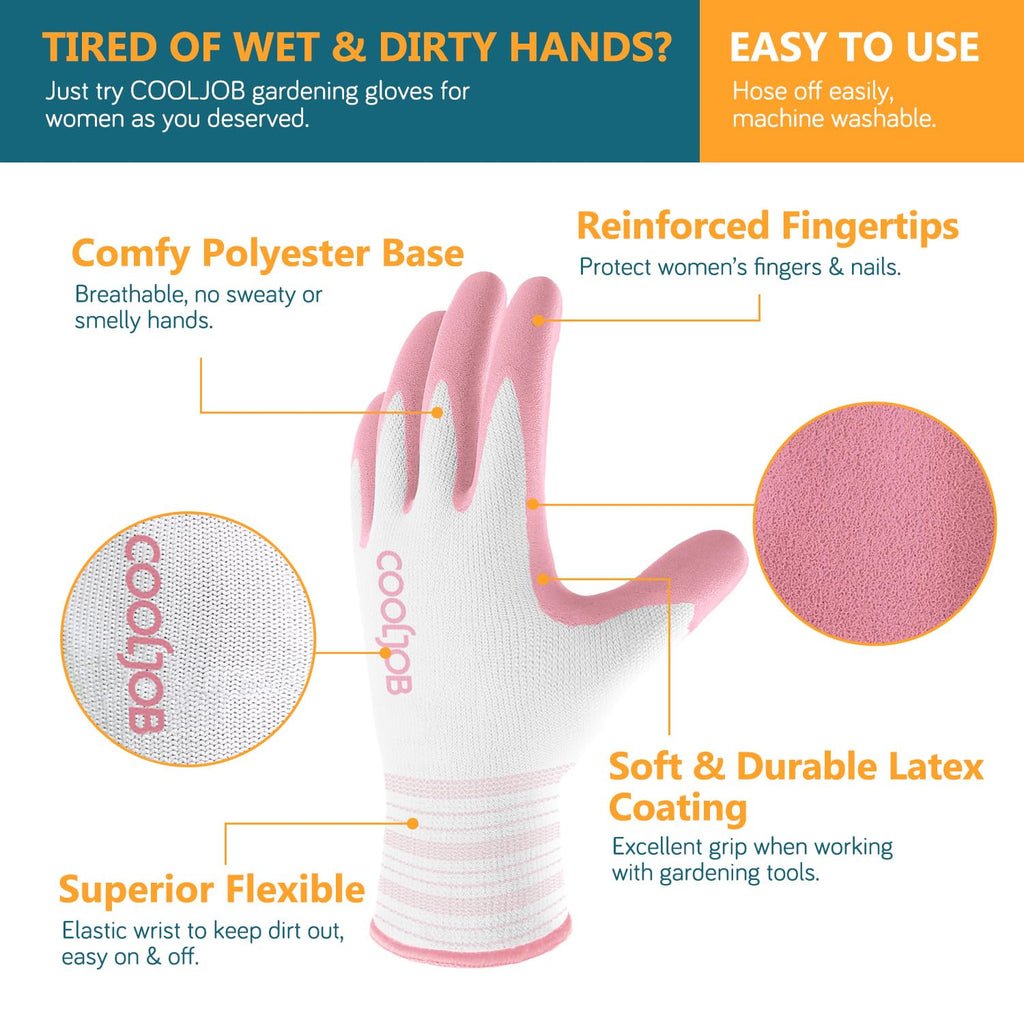 COOLJOB 2 Pairs Gardening Gloves for Women Ladies, Breathable Rubber Coated for Yard Garden, Outdoor Indoor Protective Work with Grip, Medium Size, Red & Green | Red & Blue, Textured Latex Palm, Breathable Polyester Liner, Flexible Fit, Machine Washable,