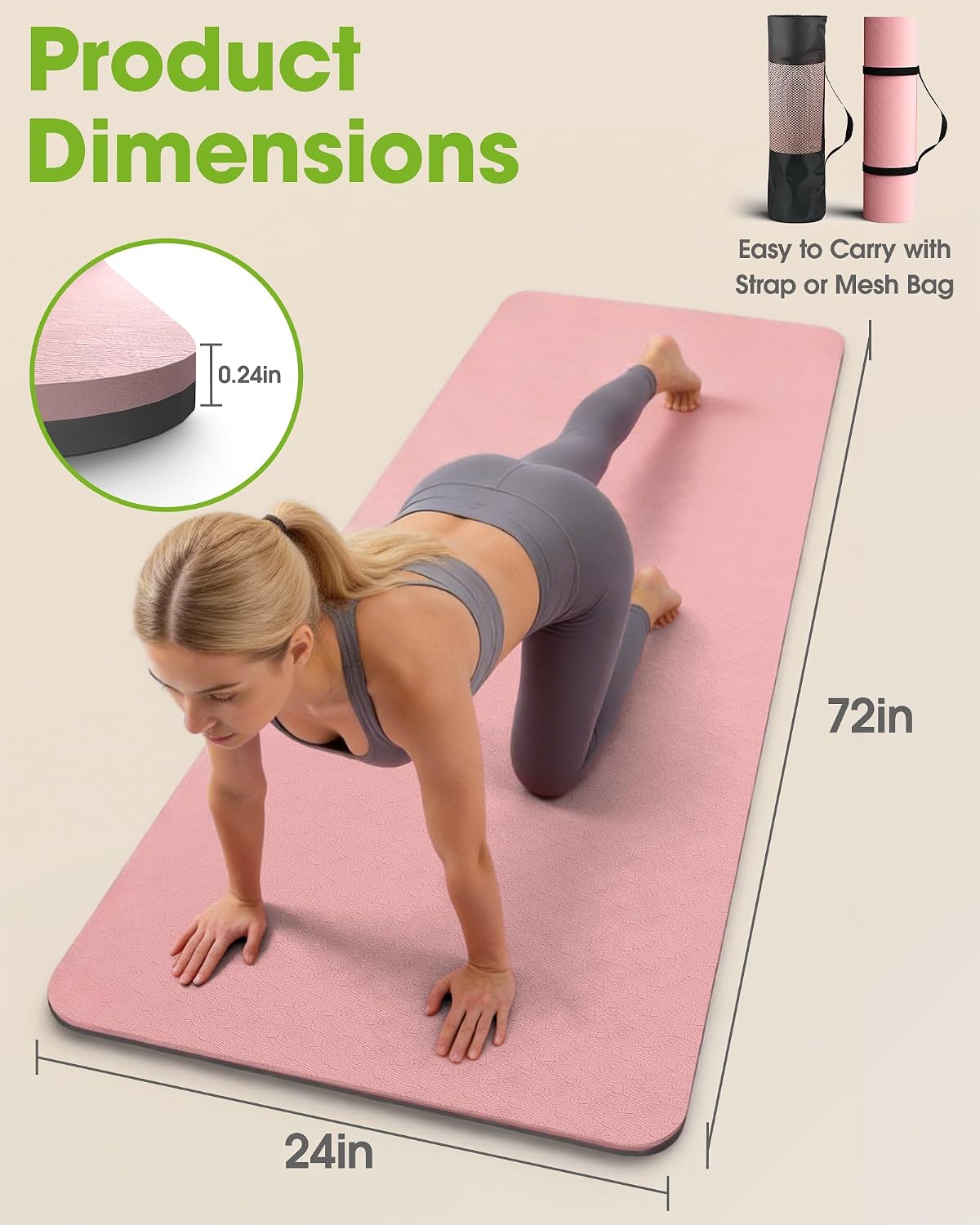 Pureegg Non Slip Yoga Mat, TPE, 72" x 24" x 0.24", Pilates | Workouts, Exercise, Core Training, Dual-Sided Texture, Stays Flat, Portable, With Strap & Carry Bag