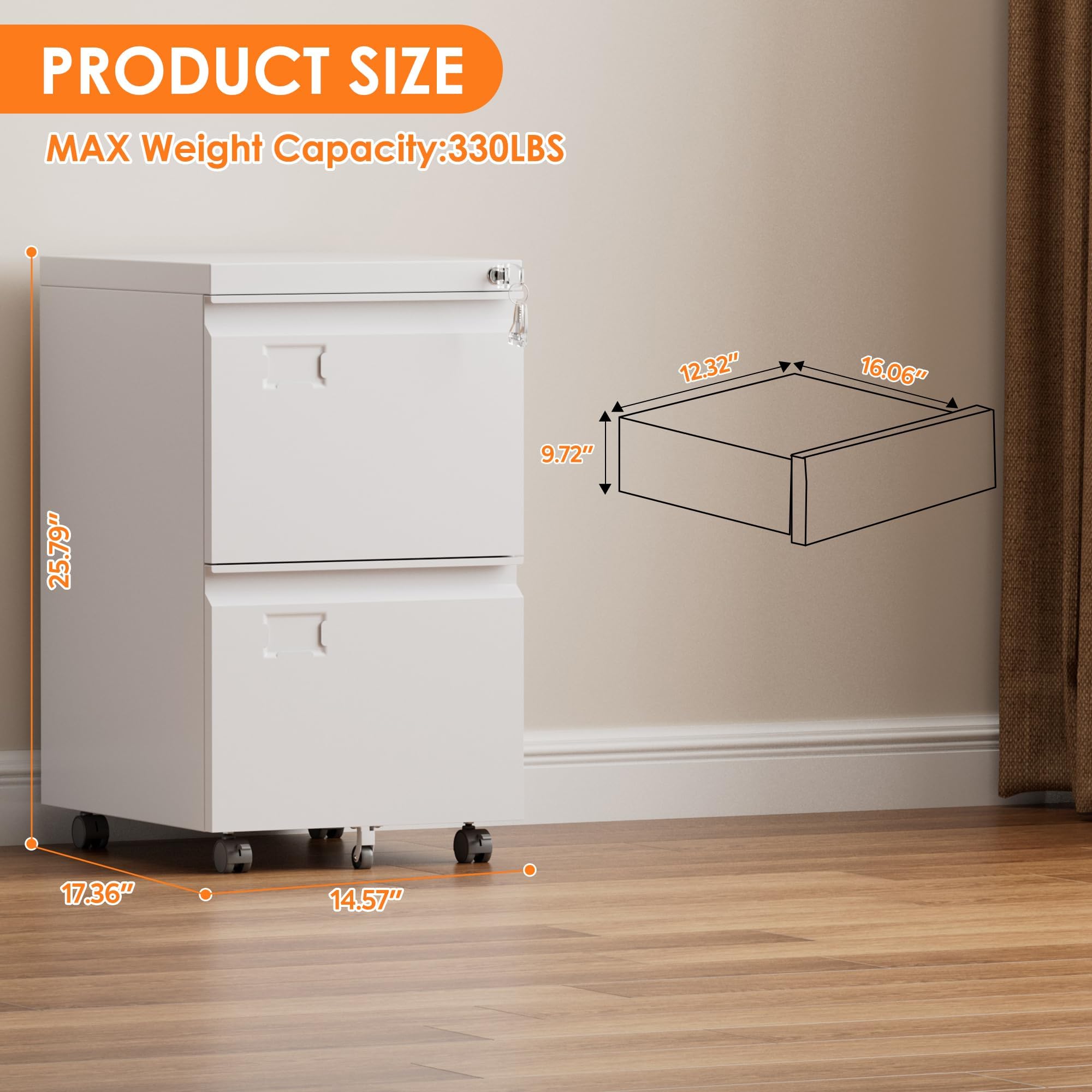 SUXXAN 2 Drawer Steel File Cabinet with Lock, Wheels, Assembly Required | Black steel cabinet for Letter/Legal files with 5 casters, two locking casters, name tags, and required assembly.