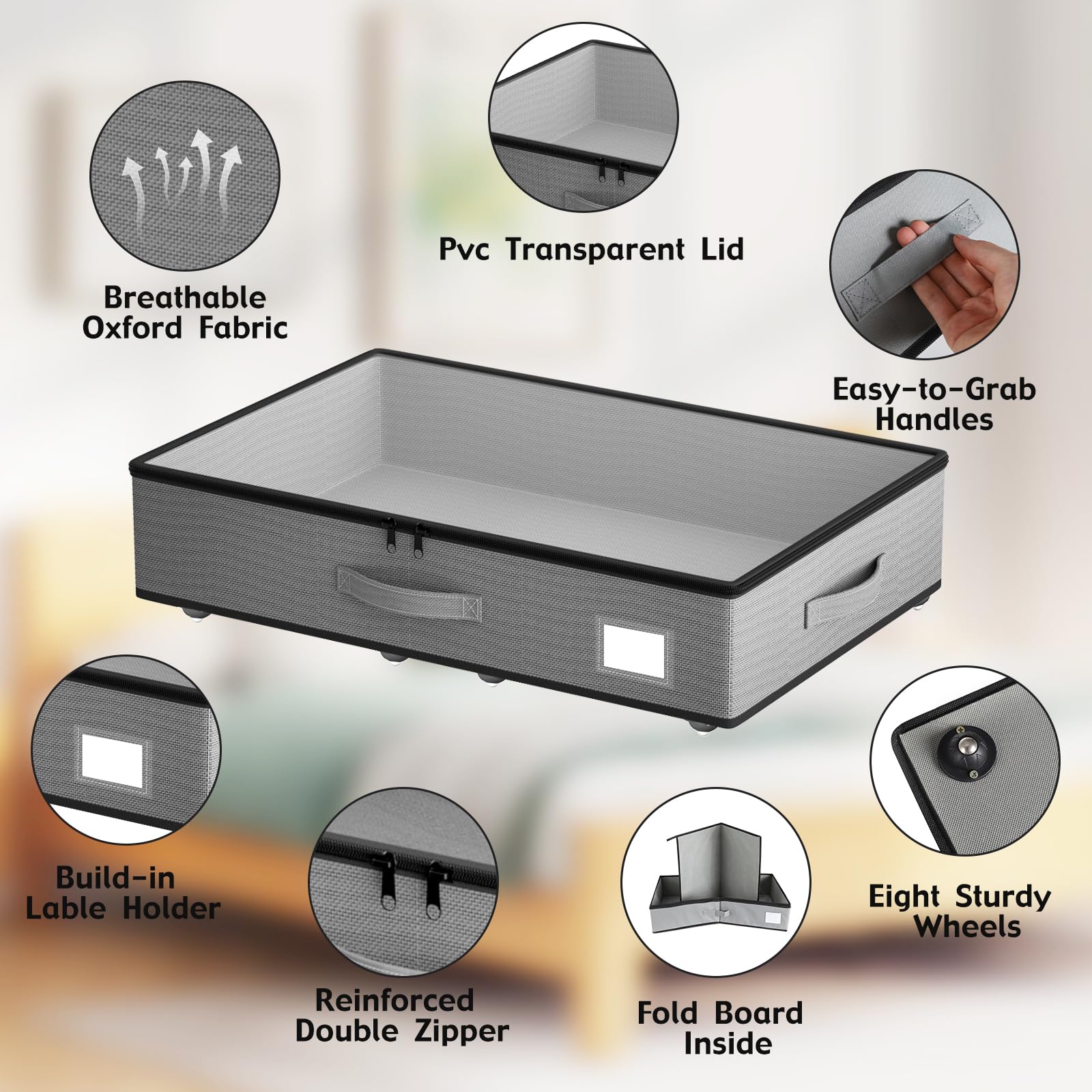 EE-RoomWorld Under Bed Storage with Wheels, No Assemble Required 10 inches height Under Bed Storage bins,Large capacity Rolling Underbed Shoe Storage containers，dorm underbed storage drawers