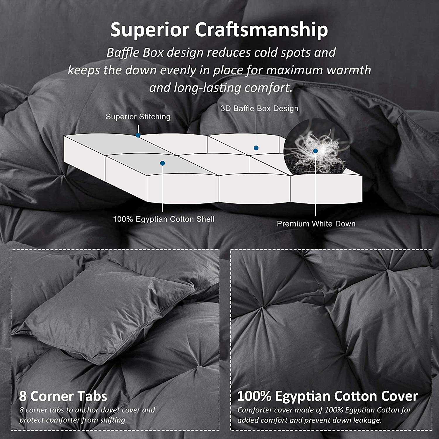 Luxurious All-Season Goose Down Feather Fiber Comforter California King Size Duvet Insert, Exquisite Pinch Pleat Design, Premium Baffle Box, 100% Egyptian Cotton Cover, 80 oz. Fill Weight, Black