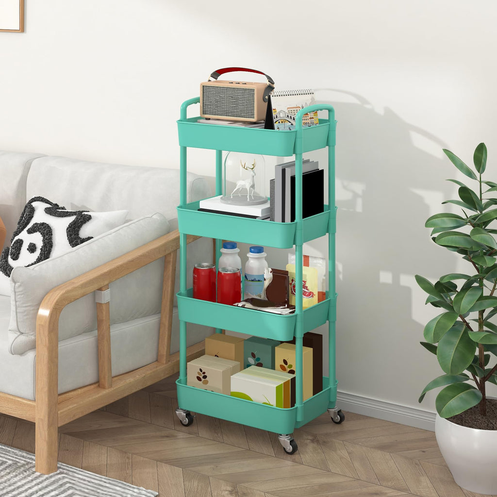 Sywhitta 3-Tier Plastic Rolling Utility Cart with Handle, Multi-Functional Storage Trolley for Office, Living Room, Kitchen, Movable Storage Organizer with Wheels, Black