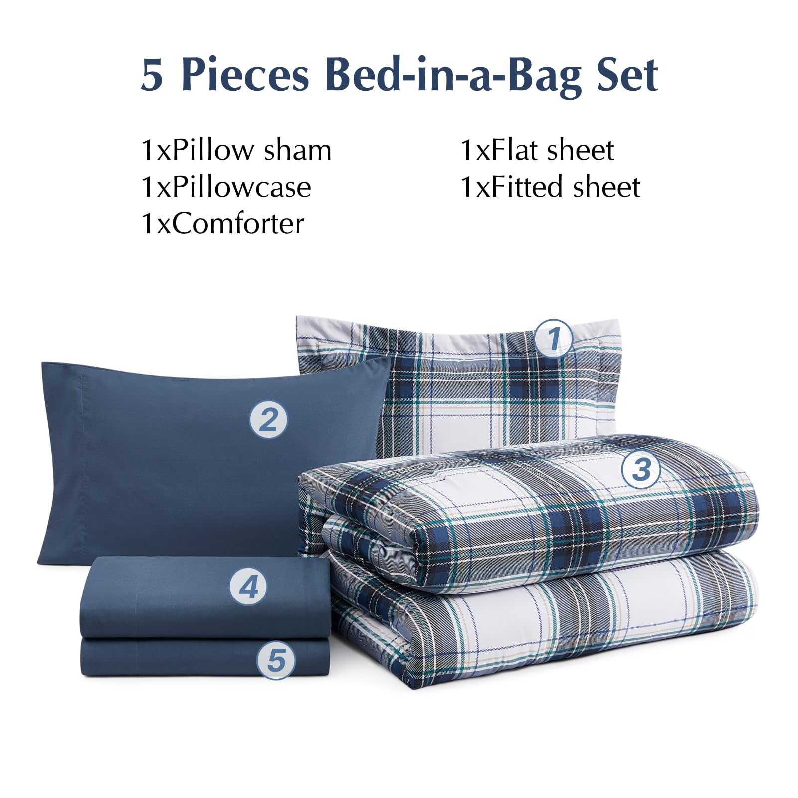 MaiRêve Plaid Twin XL Comforter Set Navy Blue 5 Pieces Dorm Bed in a Bag | Rustic Farmhouse Bedding Sets for Boys Teen with Sheets, Pillowcase & Sham