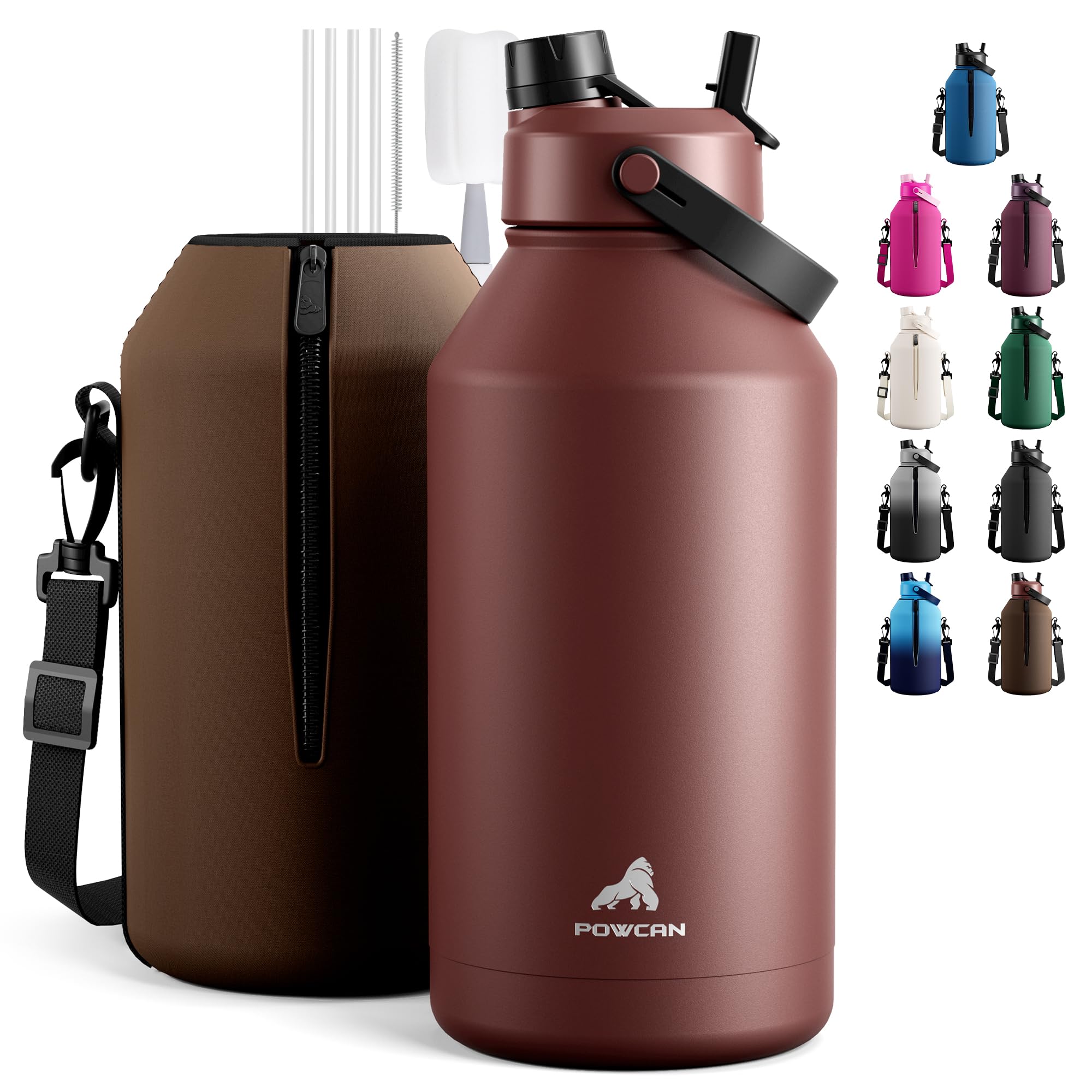 POWCAN 64 oz Insulated Water Bottle for Sports: 2-in-1 Straw & Spout Lid, Leakproof, Carrier Bag, Shoulder Strap, Keep Cold 48H, BPA-Free, Half Gallon Metal Water Jug for Gym, Travel, Gift (Midnight)