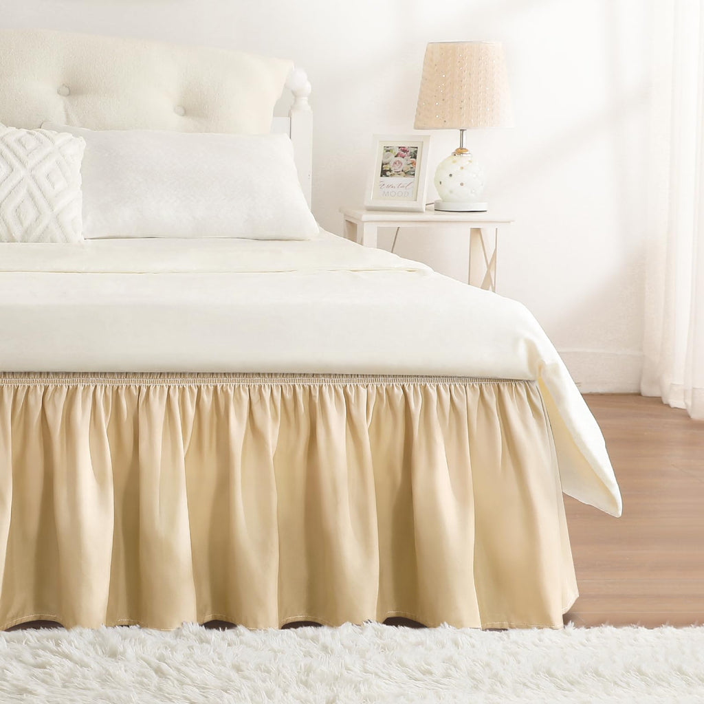 RIMELA Dorm Bed Skirt Twin XL 32 Inch Drop, Easy to Install Extra Long Wrap Around Elastic Dust Ruffle, White Bedskirt Solid Silky Fabric Machine Washable, Bedroom Decor