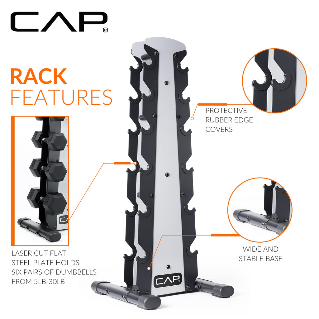 CAP Rubber Coated Hex Dumbbell Set with Storage Rack | 100–210 lb Options, Space-Saving Vertical Compact Storage for Home Gym Strength Training