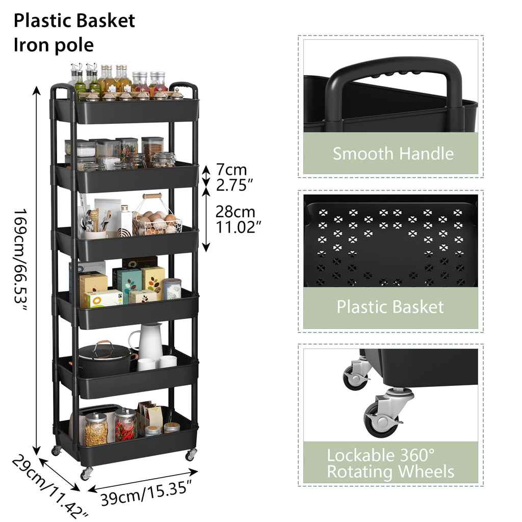 Sywhitta 3-Tier Plastic Rolling Utility Cart with Handle, Multi-Functional Storage Trolley for Office, Living Room, Kitchen, Movable Storage Organizer with Wheels, Black