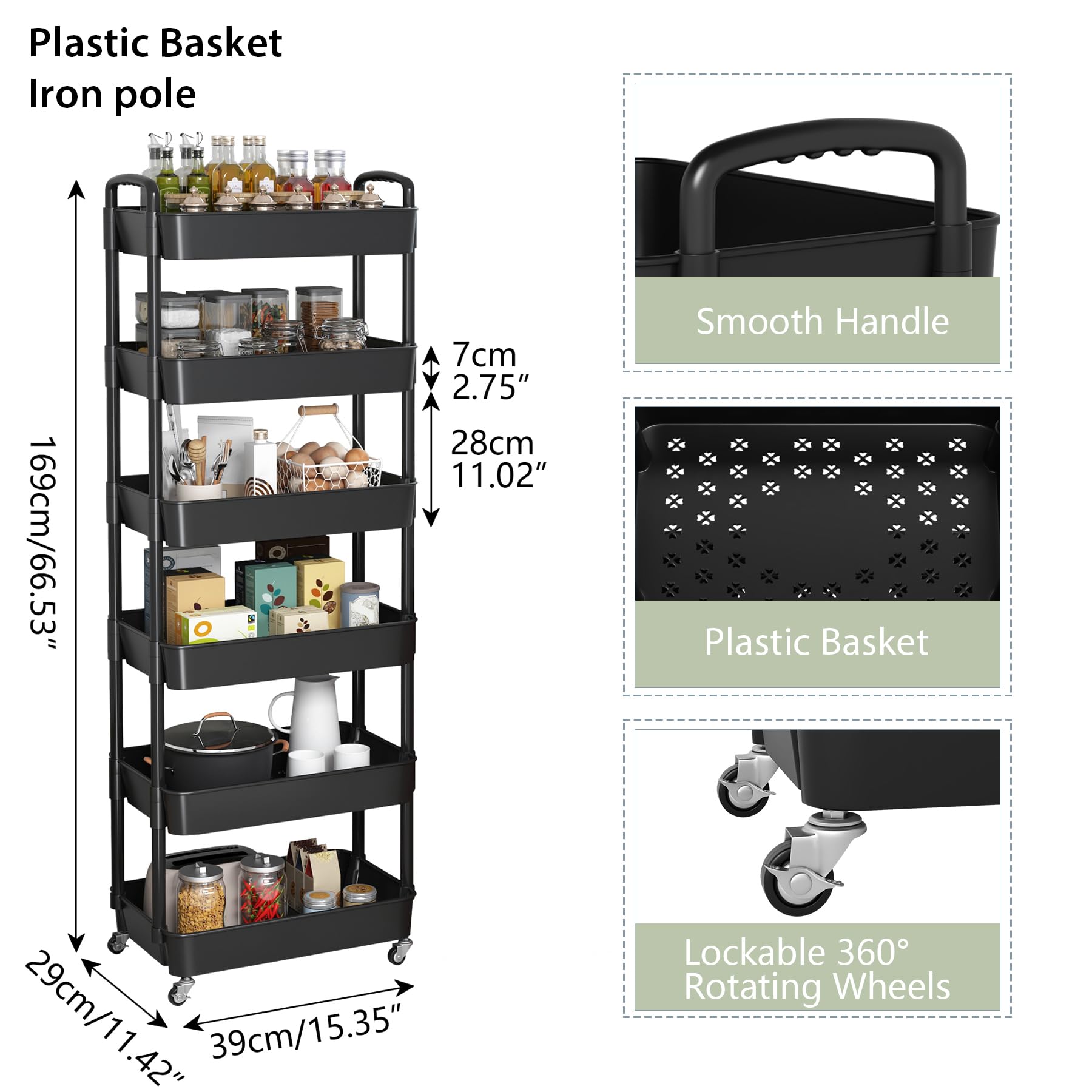 Sywhitta 3-Tier Plastic Rolling Utility Cart with Handle, Multi-Functional Storage Trolley for Office, Living Room, Kitchen, Movable Storage Organizer with Wheels, Black