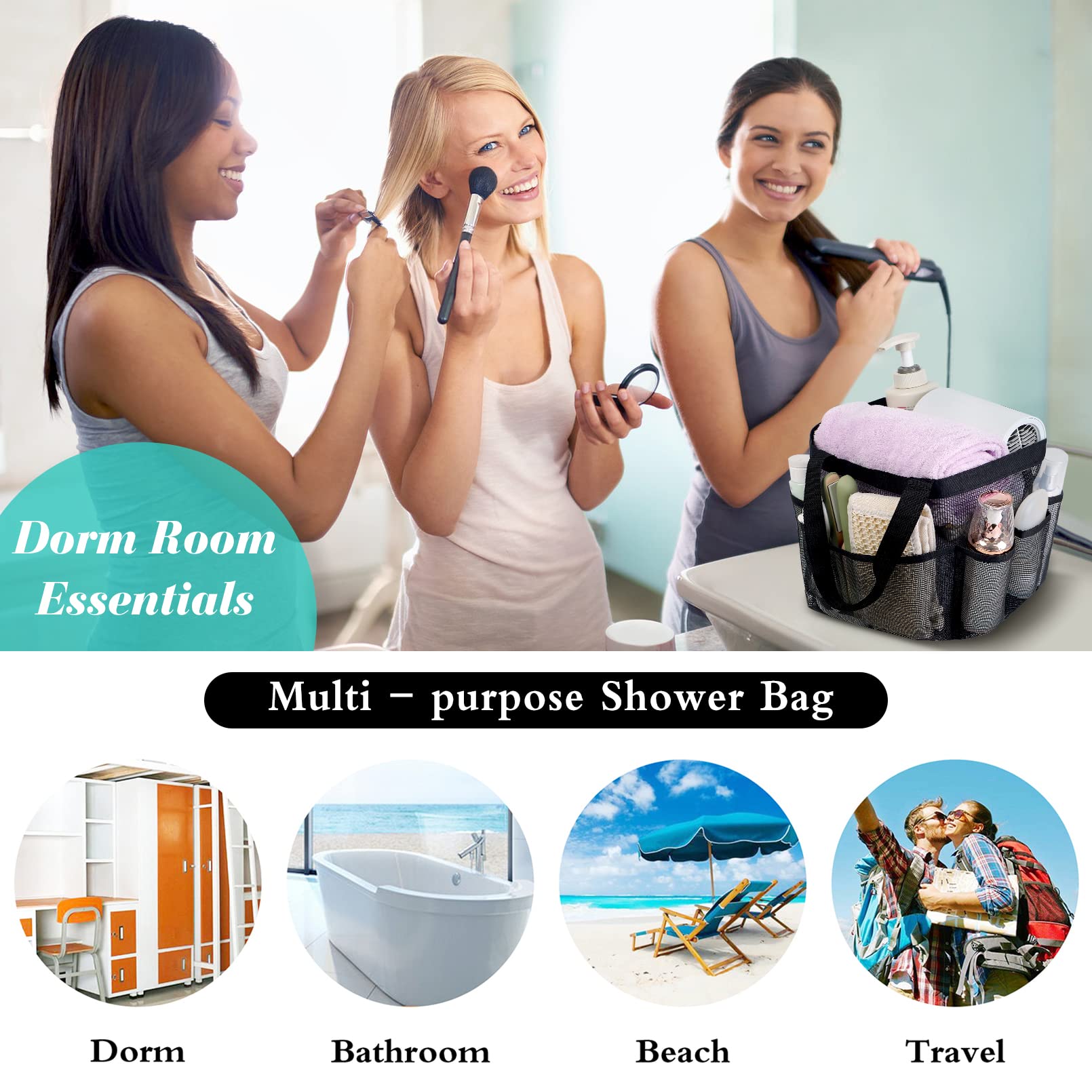 Attmu Mesh Shower Caddy Portable for College Dorm Room Camping Essentials, Shower Caddy Dorm with 9-Pockets, Large Capacity Hanging Basket Bathroom Bag for Toiletry, Swimming, Gym, Camp, Beach
