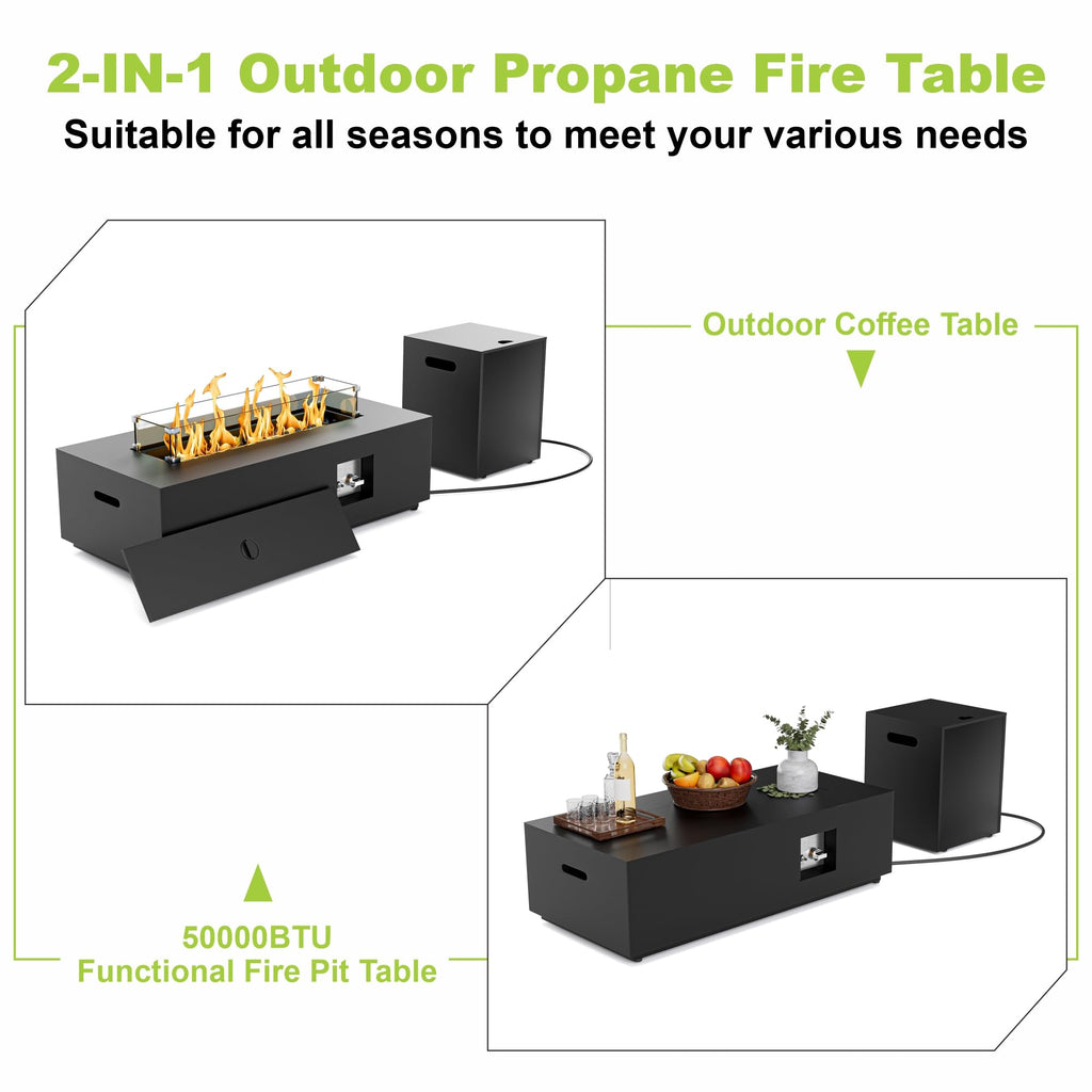 SUNPEAK 42" Modern Fire Pit Table with LED Light 50,000 BTU Deck Fire Pit Table Includes Wind Guard, Lid, Rocks & Cover - Propane Gas Patio Fireplace, Chimenea para Patio (Grey/Golden Light, 42" LED)