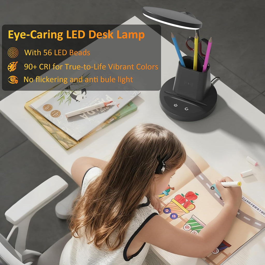 LED Desk Lamp with Wireless Charger for Home Office, Black | 3 Color Modes Dimmable Eye-Caring Study Desk Light for College Dorm Room, 360° Flexible Arm, Built-in Pen Holder, 800 Lumen