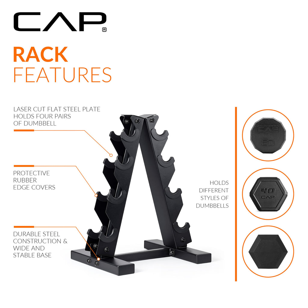 CAP Rubber Coated Hex Dumbbell Set with Storage Rack | 100–210 lb Options, Space-Saving Vertical Compact Storage for Home Gym Strength Training