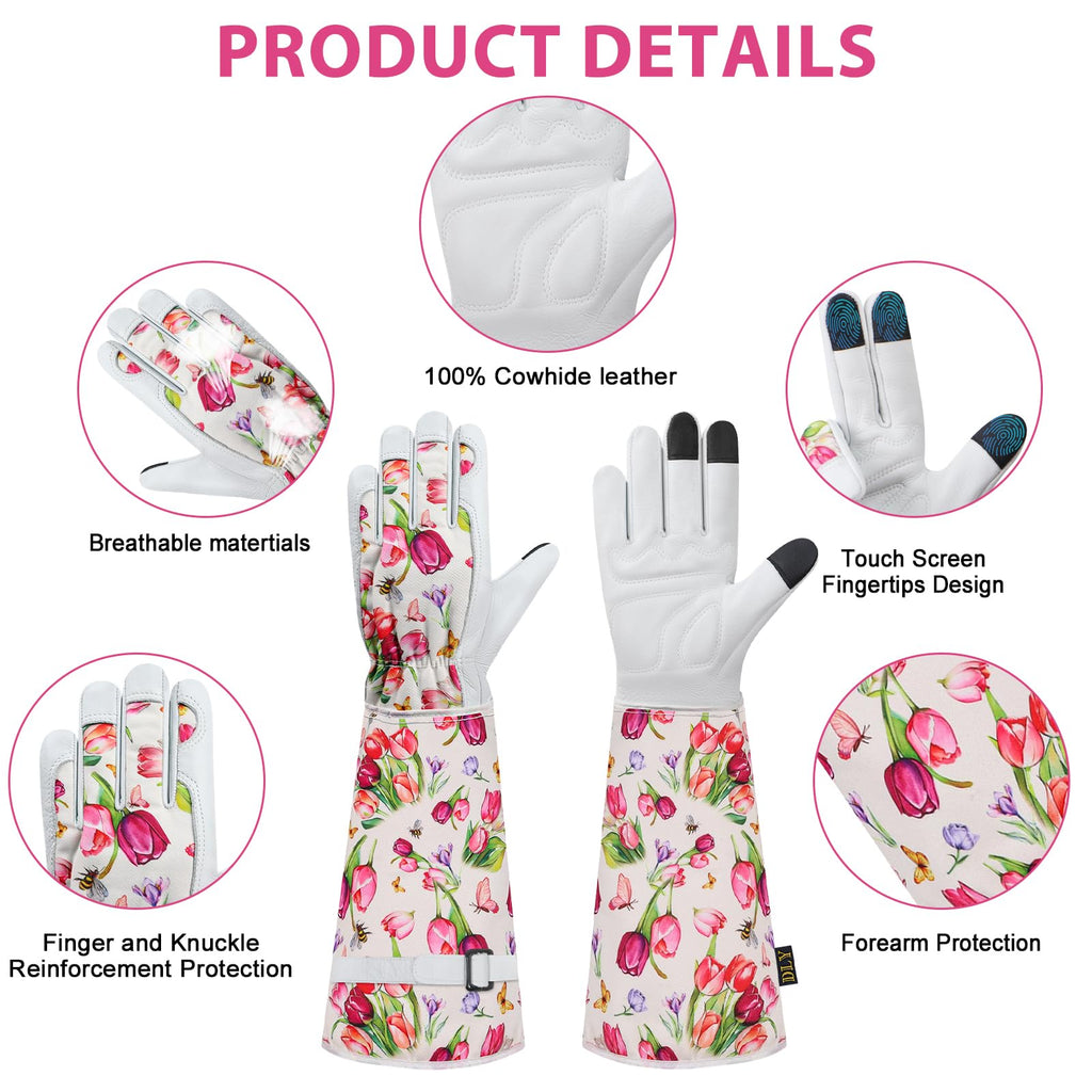 DLY Garden Gloves for Women,Gardening Gloves,Gardening Gift for Lady,Blue,M | Thornproof Cowhide Palm, Foam-Padded Grip, Long Sunflower Print Cuff, 3-Finger Touchscreen, Rose Pruning, Weeding & Yard Work