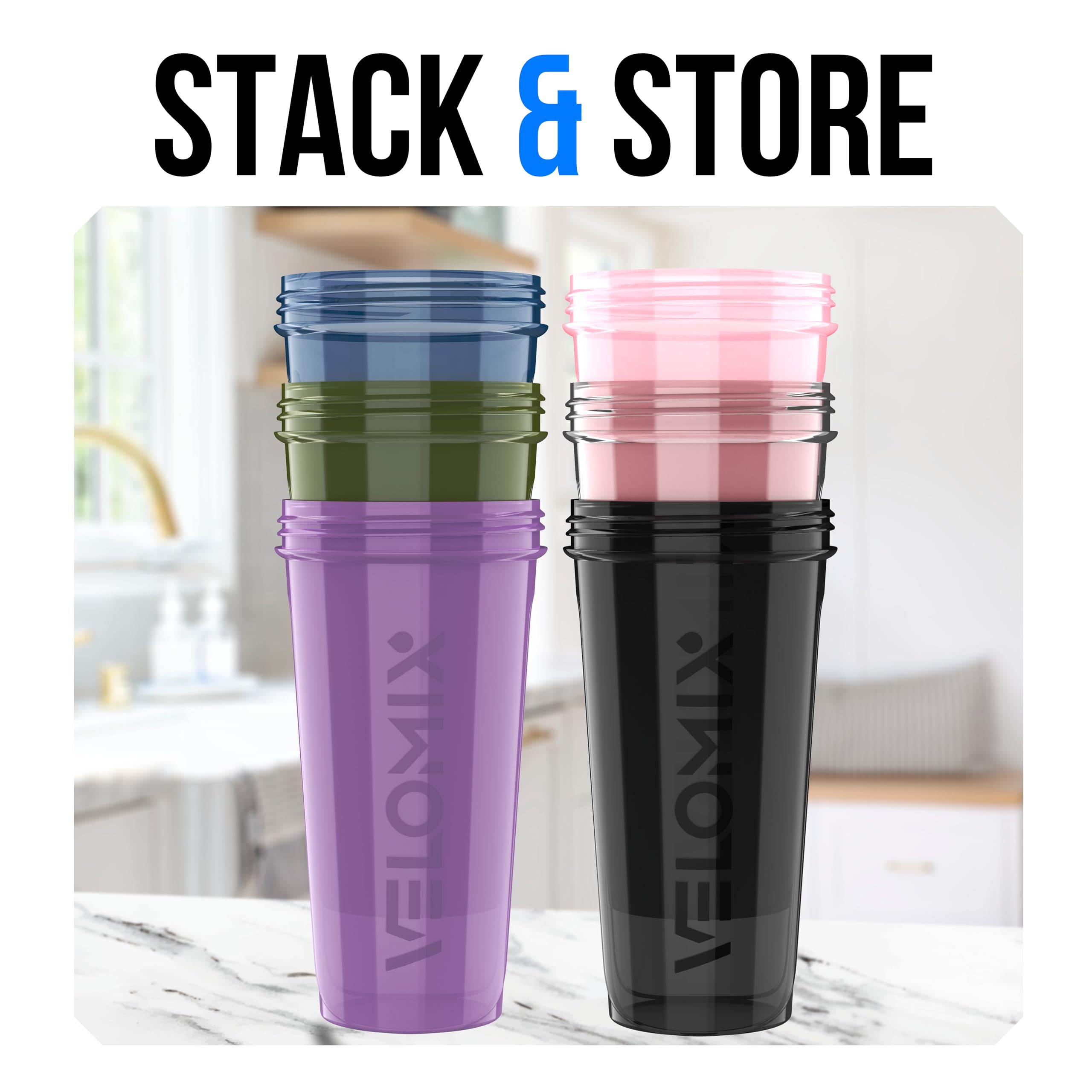 VELOMIX 6 Pack 28 oz Protein Shaker Bottle for Mixes - 6 Wire Whisk Balls | Leak Proof Cups for Supplements | BPA-Free Gym & Fitness (Earth Tones Collection)
