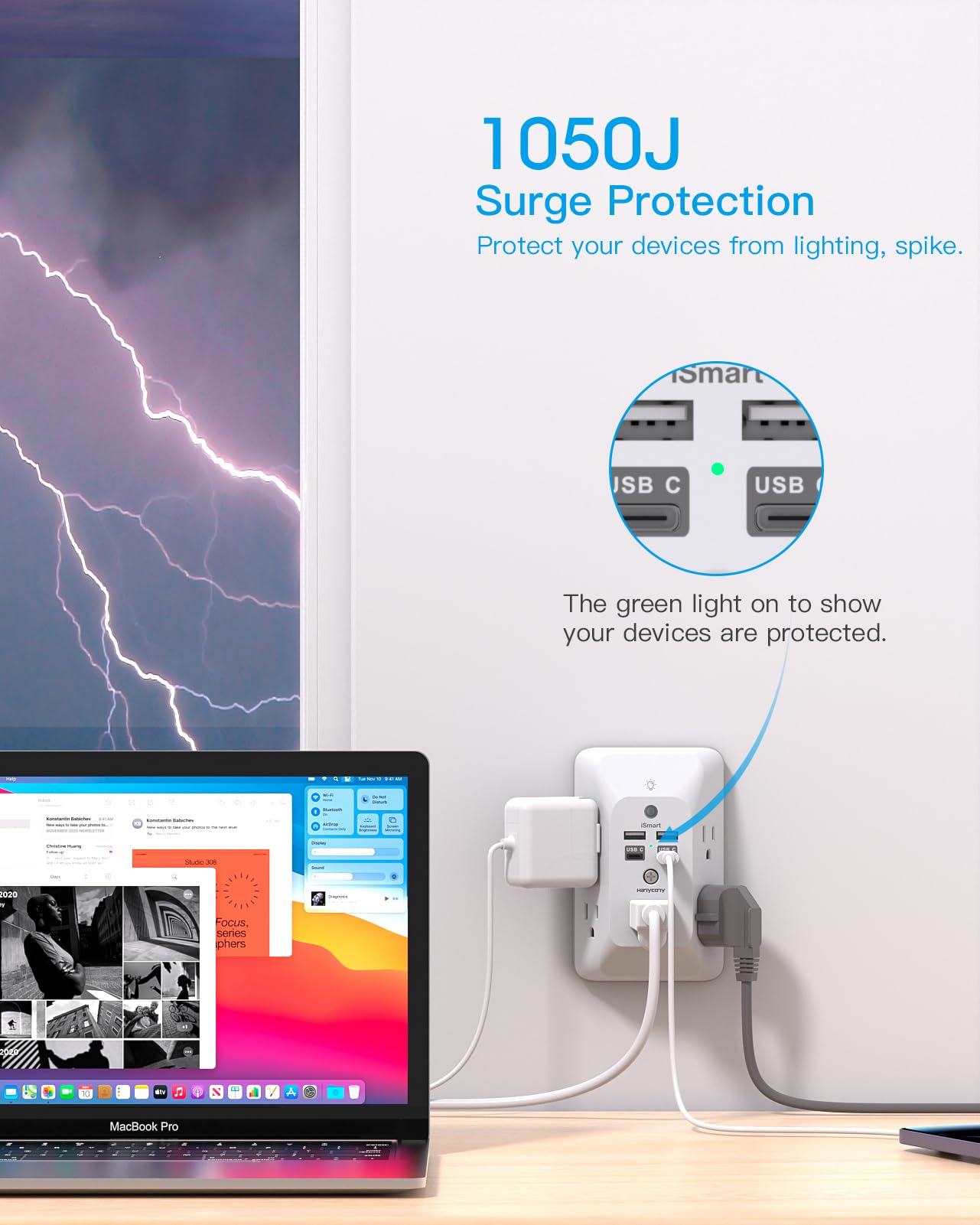 Outlet Extender with Night Light, Multi Plug Wall Outlet, Surge Protector | Multiple Electrical Outlet Splitter Expander, 4 USB Ports (1 USB C) Wall Charger, Plug Extension Adapter for Home, Dorm, RV