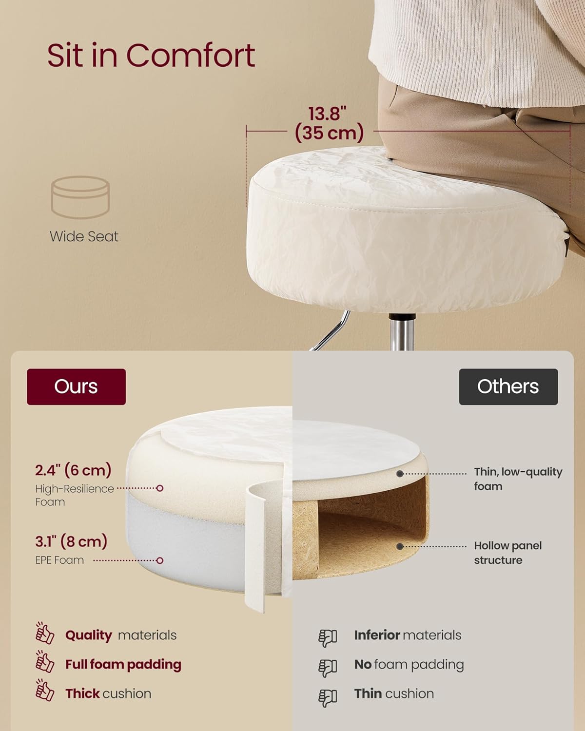 VASAGLE Adjustable Bar Stool, 360° Swivel, PU Leather, Thick Cushion, for Kitchen, Dining Room Bedroom, Modern, Cream White | LJB120W01 Dressing Chair Stool Stool Bedroom Kitchen Dining Room Modern White