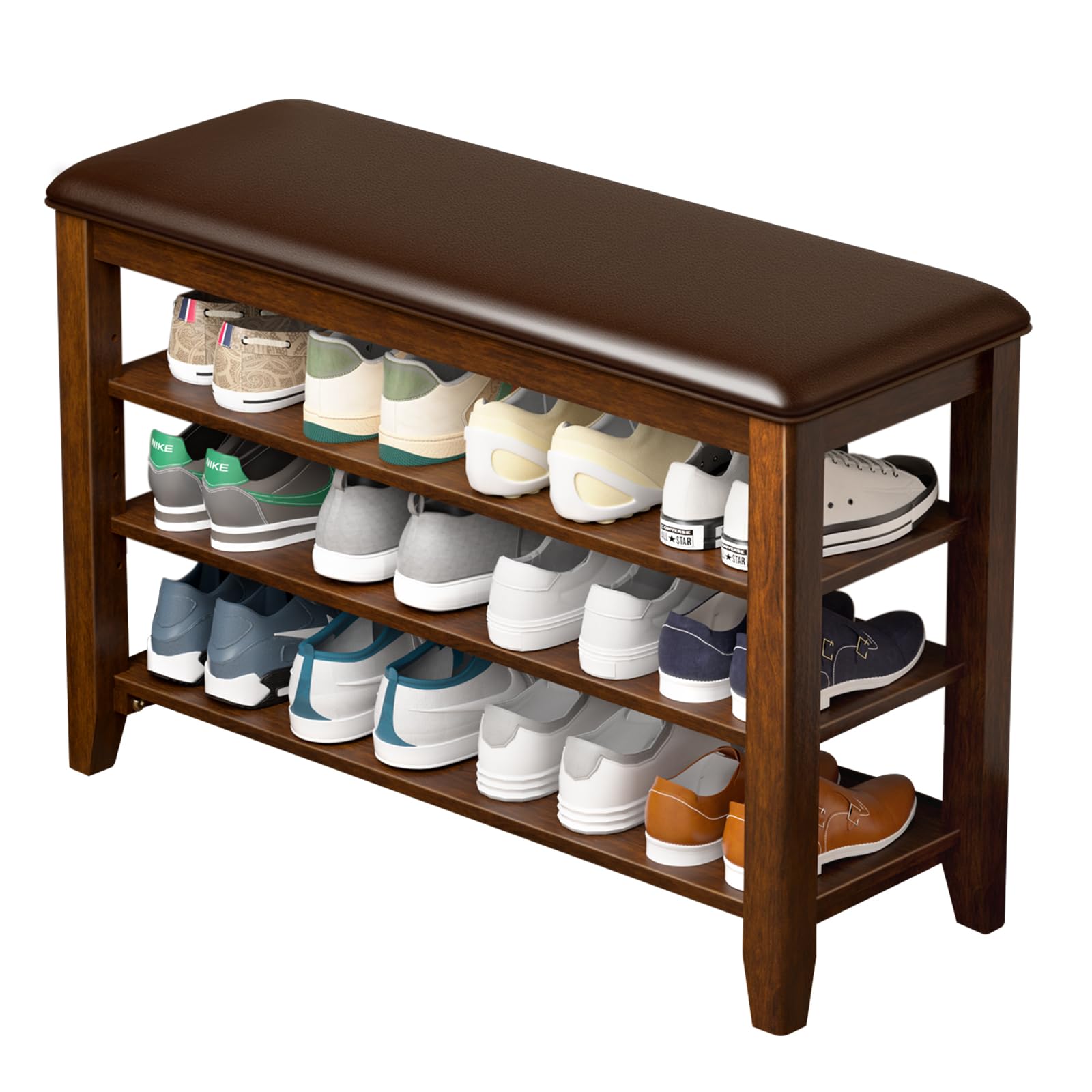 Taitiy Shoe Bench Storage Rubberwood with Leather Cushion for Entryway Bench Ideal for Hallways Shoe Rack Front Doors Entrances Mudrooms Featuring 3 Height-Adjustable and Removable Shelves